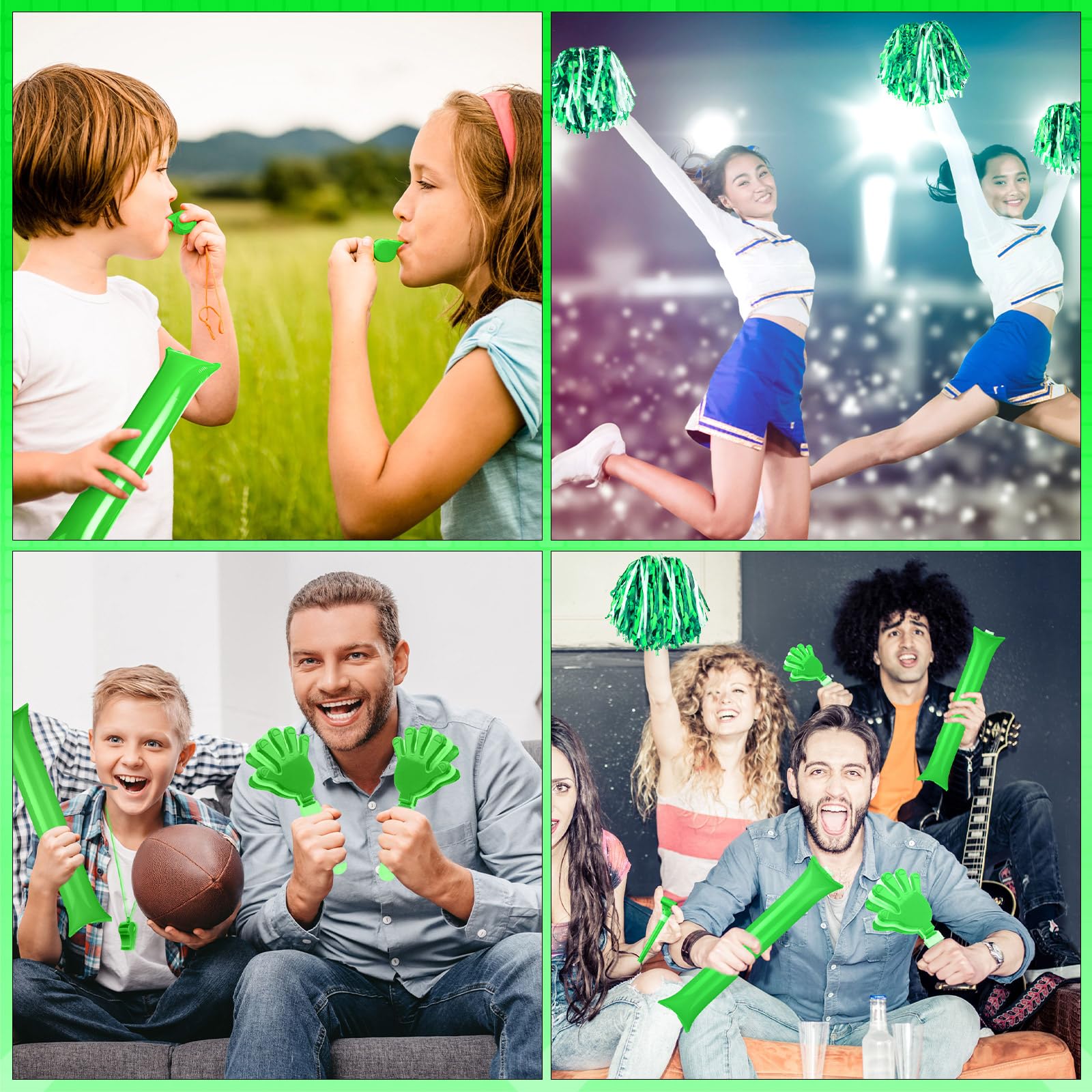 96 Pcs Noisemakers for Sports Events - Hand Clappers, Pom Poms, Thunder Sticks & Whistles