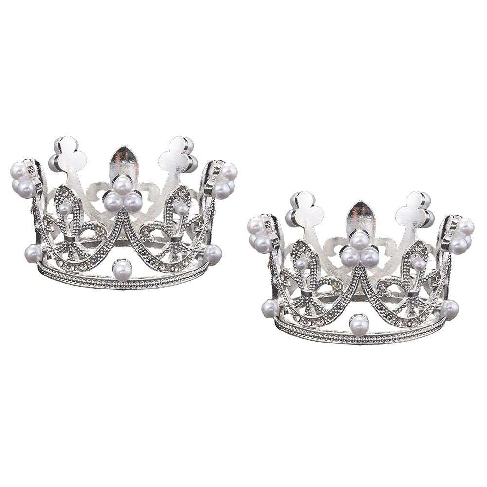 2 Pcs Mini Princess Pearl Crown Tiara Cake Toppers - Elegant Silver Cupcake Decorations for Baby Showers, Birthday Parties, Bridal & Wedding Celebrations - Perfect for Princess-Themed Events and Dessert Displays