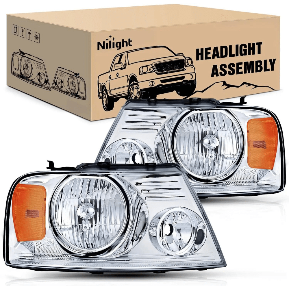 2004-2008 Ford F150 & 2006-2008 Lincoln Mark LT Headlight Assembly - Chrome Housing with Amber Reflector - Replacement for Broken/Foggy Headlights - Perfect for Night Driving & Off-Road Use