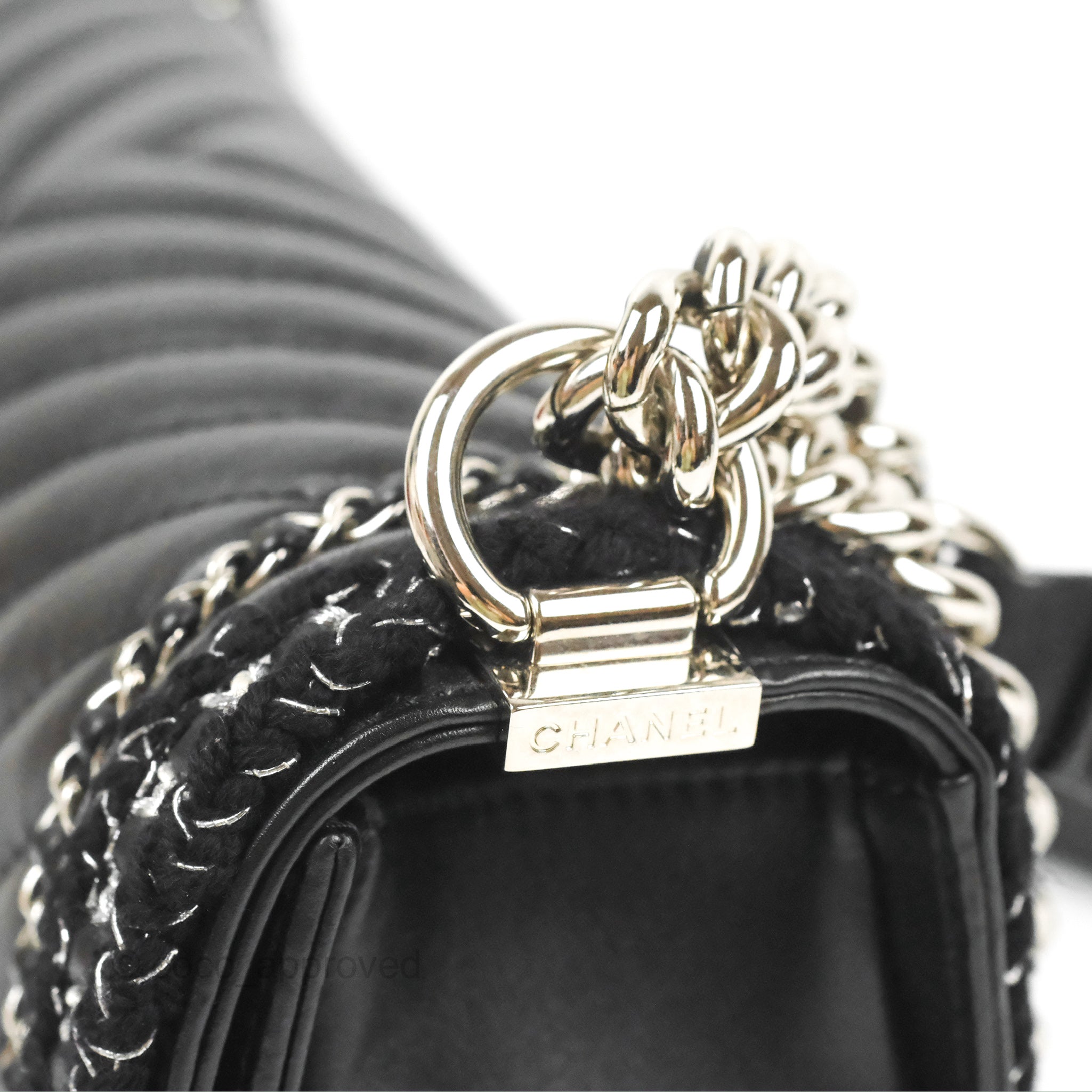 Chanel Chevron Braid Around Chain Boy Bag - Black Calfskin Leather with Silver Hardware | Luxury Crossbody Bag for Women, Perfect for Date Night & Evening Events
