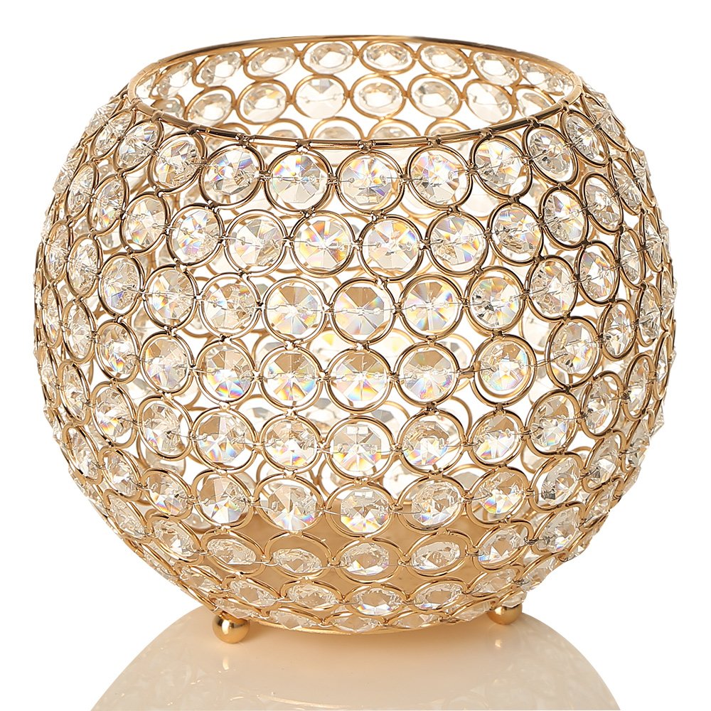 VINCIGANT 8 Inch Gold Crystal Bowl Candle Holders - Elegant Dining Table Centerpiece, Wedding & Home Decor, Gift Boxed Candelabra for Romantic Dinners, Parties & Holiday Decorations