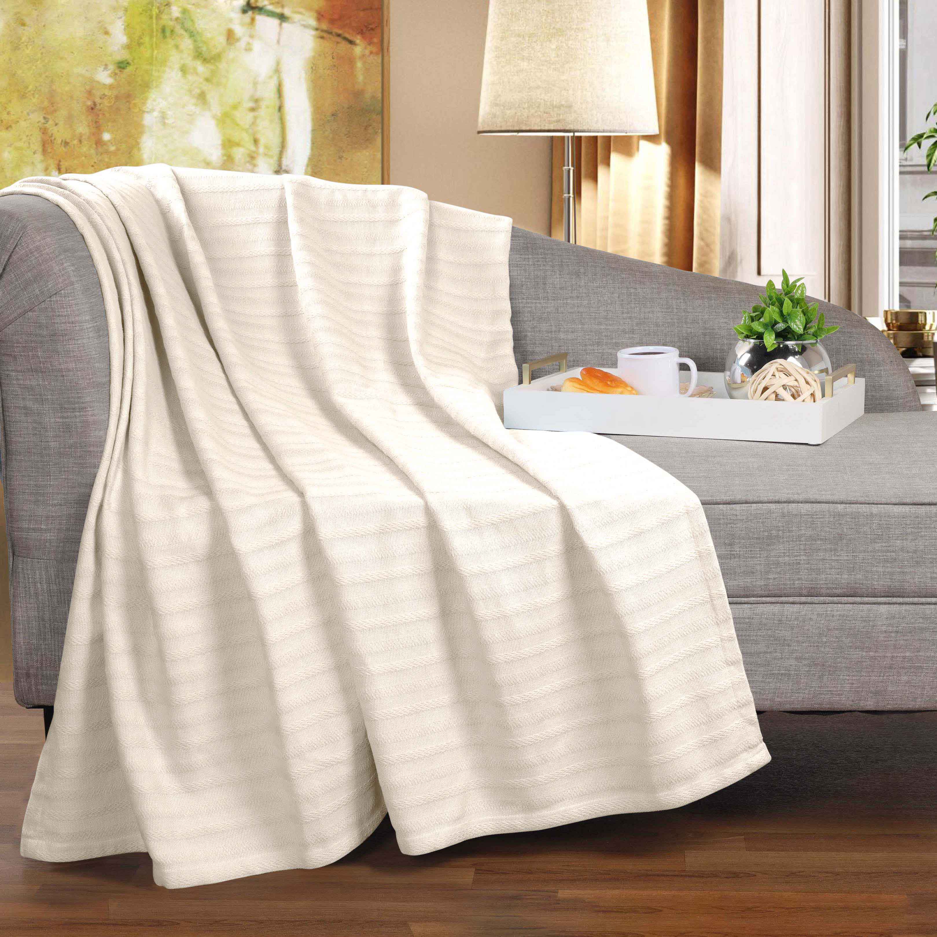 Soft Clara Cotton Textured Striped Lightweight Woven Blanket - Perfect for Sofa, Bed & Outdoor Picnics
