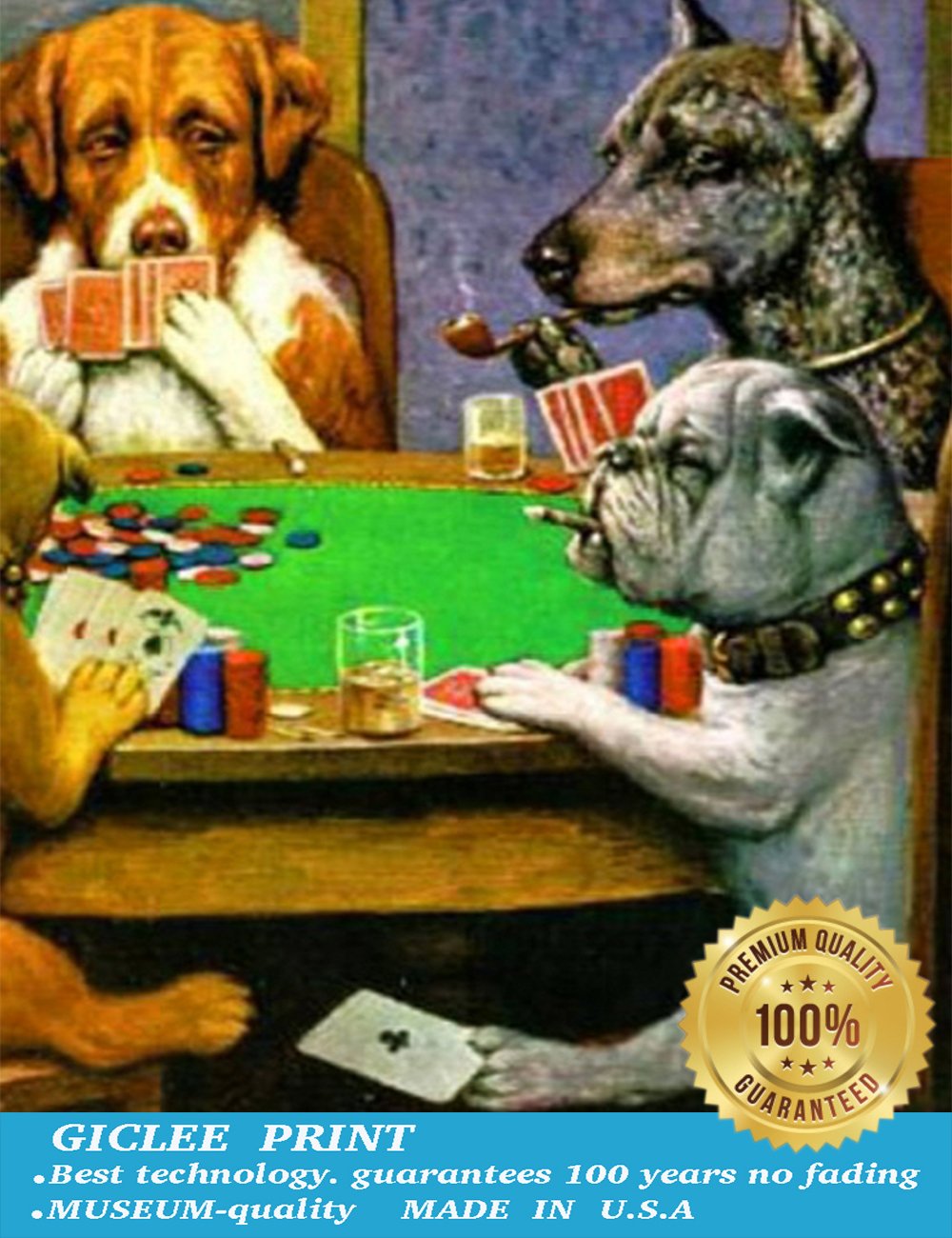 ELITEART Dogs Playing Poker by Cassius Marcellus Coolidge - Premium Oil Painting Reproduction Giclee Wall Art Canvas Print - Framed Size 21x25 Inches - Perfect for Living Room, Bar or Game Room Decor