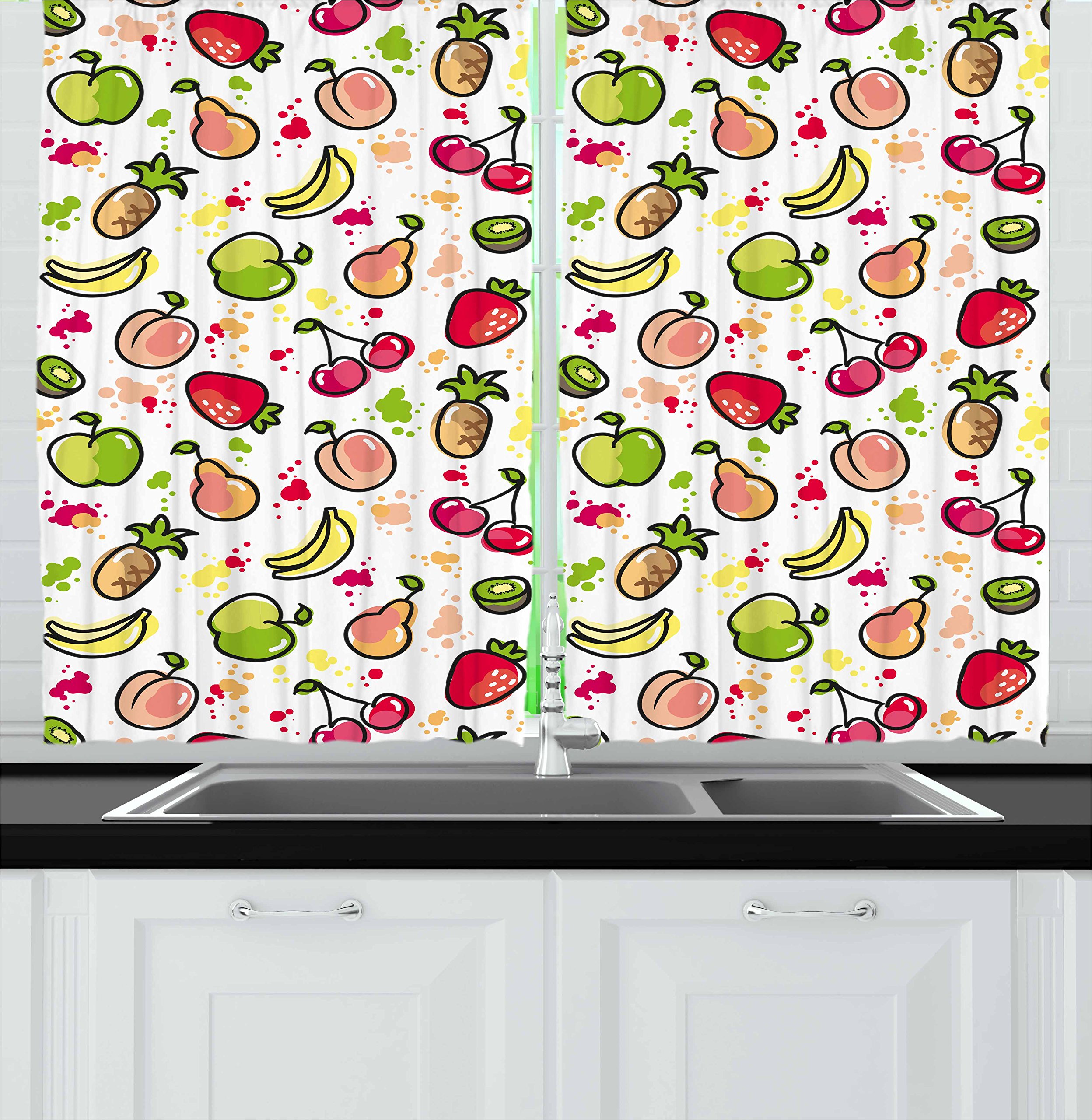 Ambesonne Watercolor Fruit Kitchen Curtains Set of 2 - Pear, Cherry, Kiwi & Apple Design, 55