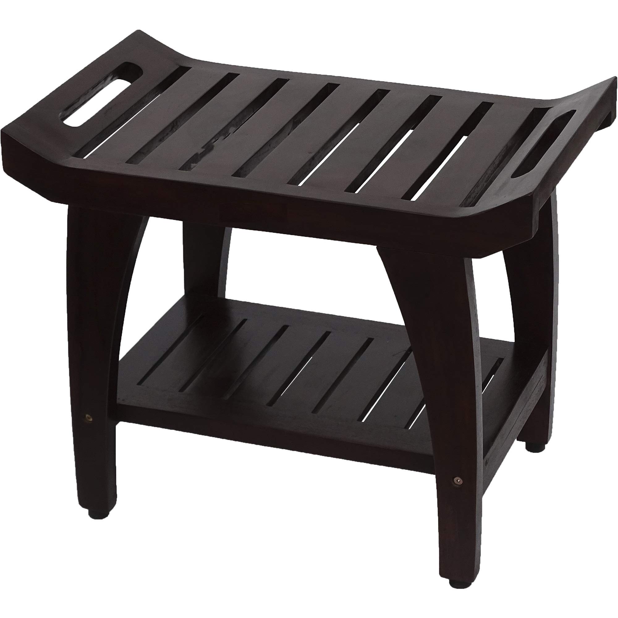 Premium Teak Shower Bench with Shelf & Handles - Waterproof Bathroom Seating Stool for Spa, Sauna, or Elderly Safety - Natural Brown Finish Contemporary Design