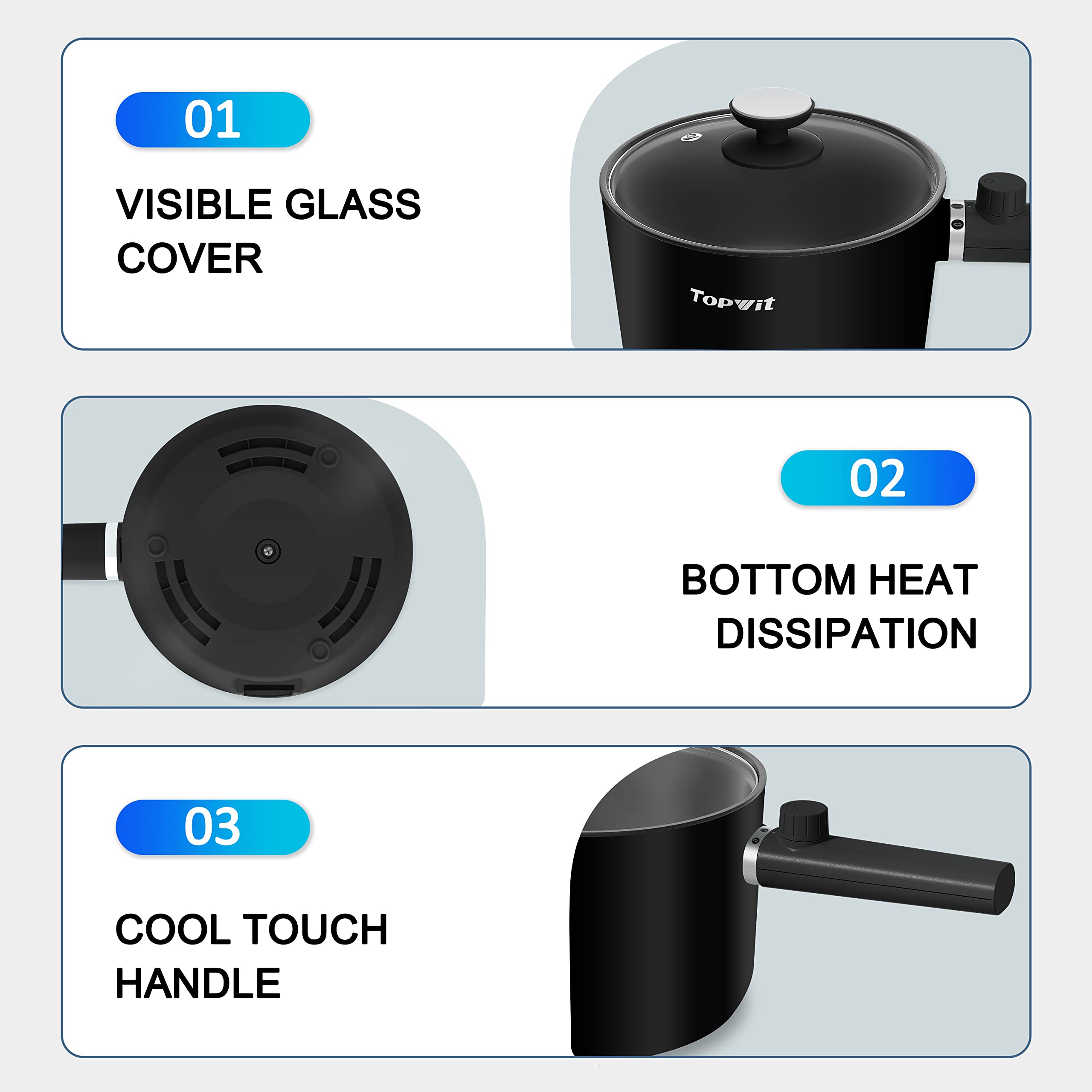 Topwit 1.5L Electric Hot Pot & Ramen Cooker - Portable Non-Stick Frying Pan for Pasta, Steak, Soup - BPA Free with Dual Power Control & Overheat Protection - Perfect for Dorm, Office, Camping & Small Kitchen Cooking