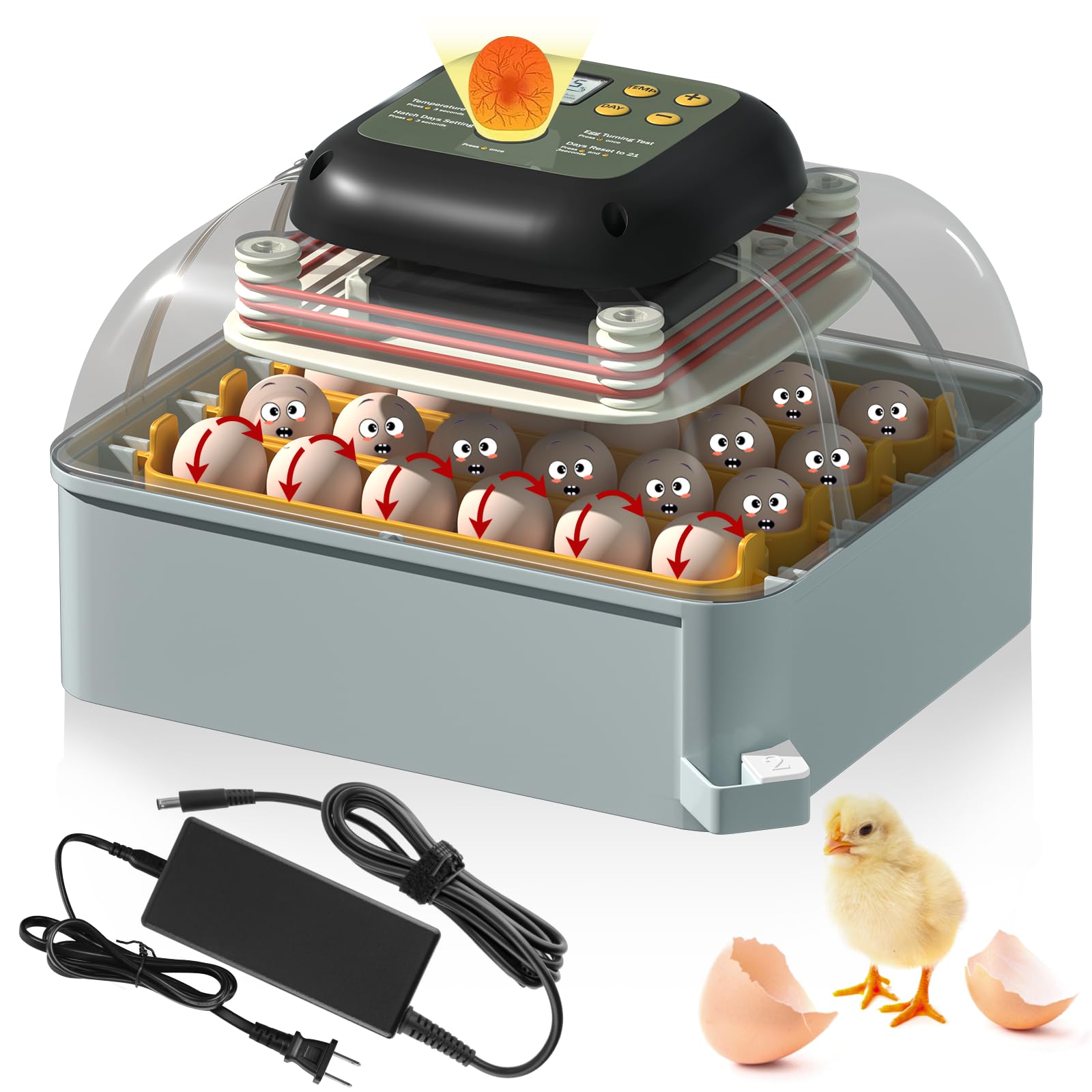 Automatic Egg Incubator for Chicken, Duck & Quail Eggs - 24 Egg Capacity with Auto Turning, Humidity & Temperature Control, Built-in Candler (Gray) - Perfect for Home Poultry Farming, Classroom Projects & Backyard Hatching