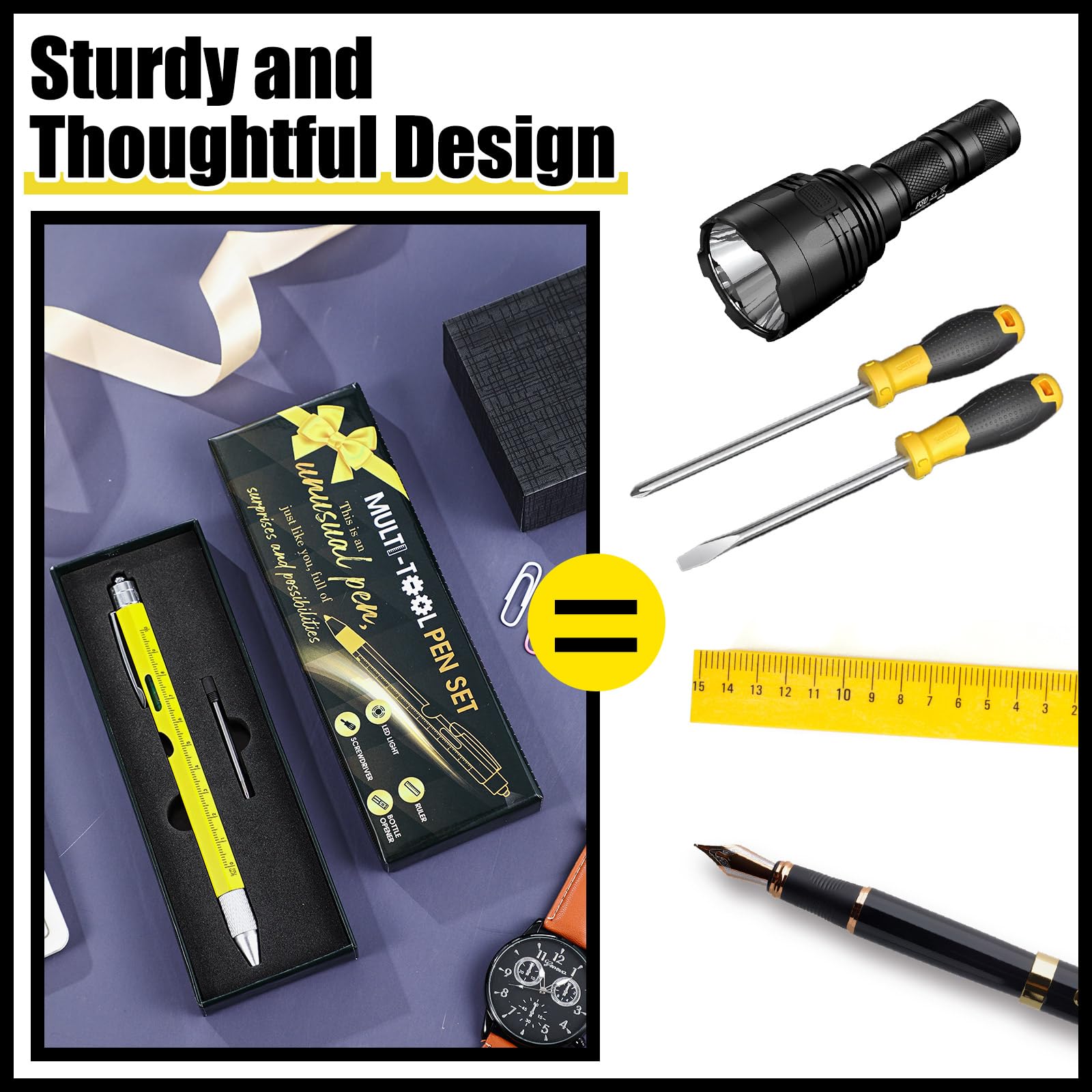 9-in-1 Multitool Pen for Men - Premium Stocking Stuffer, White Elephant & Christmas Birthday Gift for Dad, Husband (Yellow) - Perfect for Camping, Hiking, Office & Everyday Carry