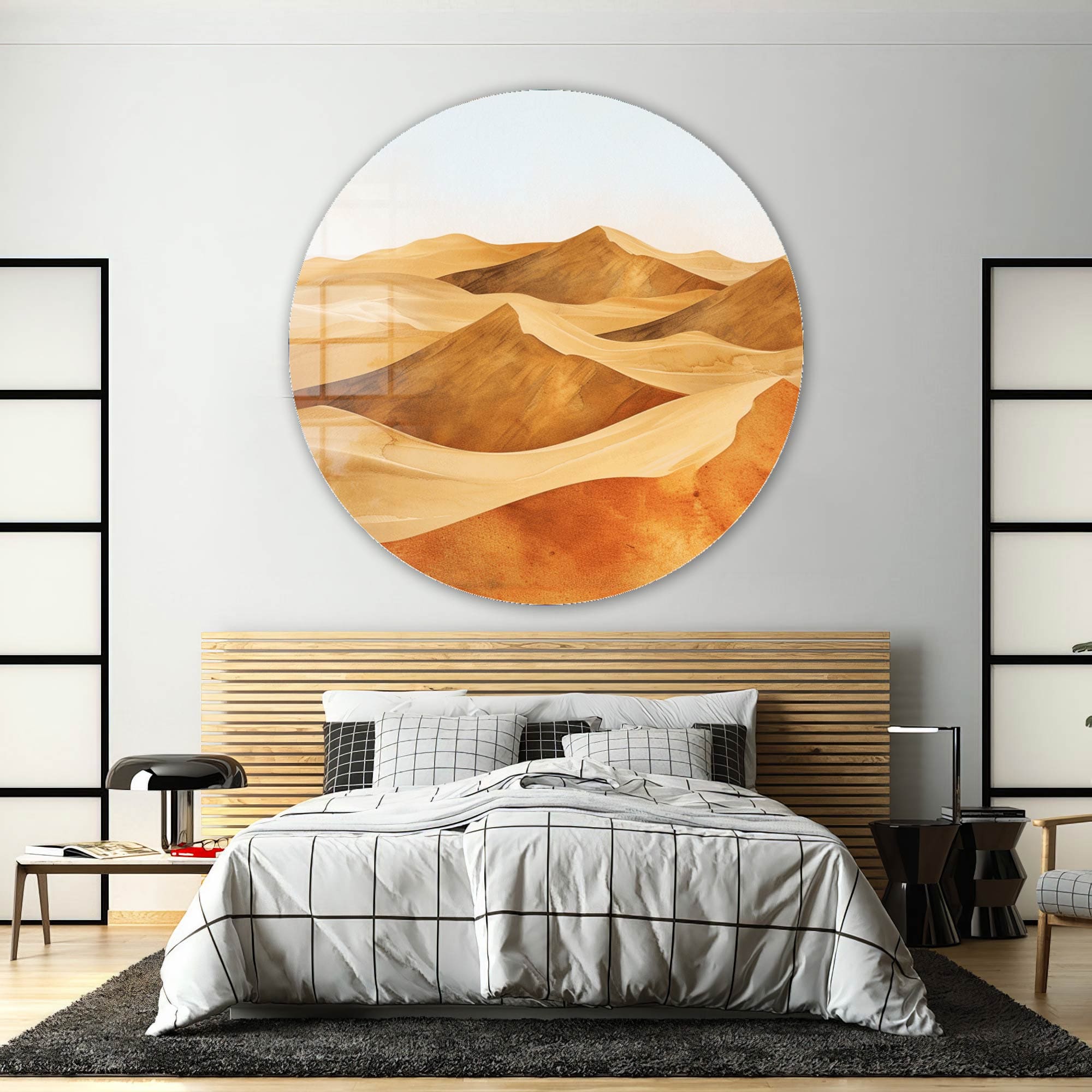 Modern Rounded Glass Wall Art - Desert Landscape Design for Living Room, Bedroom & Office Decor