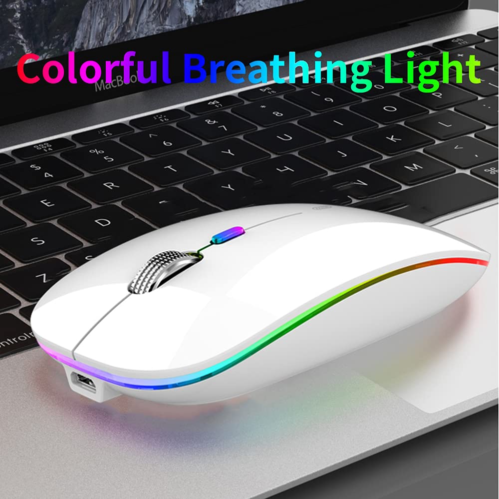 Uiosmuph G12 Slim Wireless LED Mouse - Rechargeable Silent Optical Mouse with 2.4G USB Receiver & Type-C Adapter - Perfect for Office, Home & Travel (White)