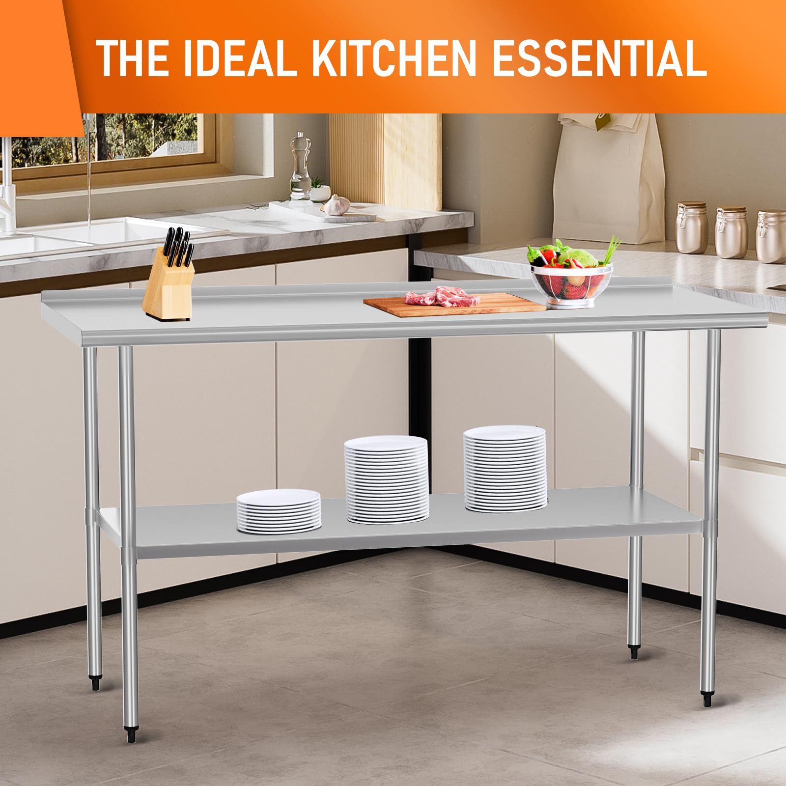 Premium Stainless Steel Work Table 24x60 Inches - Adjustable Shelf & Backsplash - Heavy Duty Commercial Kitchen Prep Table for Restaurant, Food Prep, Garage, Laundry Room & Outdoor BBQ Cooking - Easy to Clean Utility Table