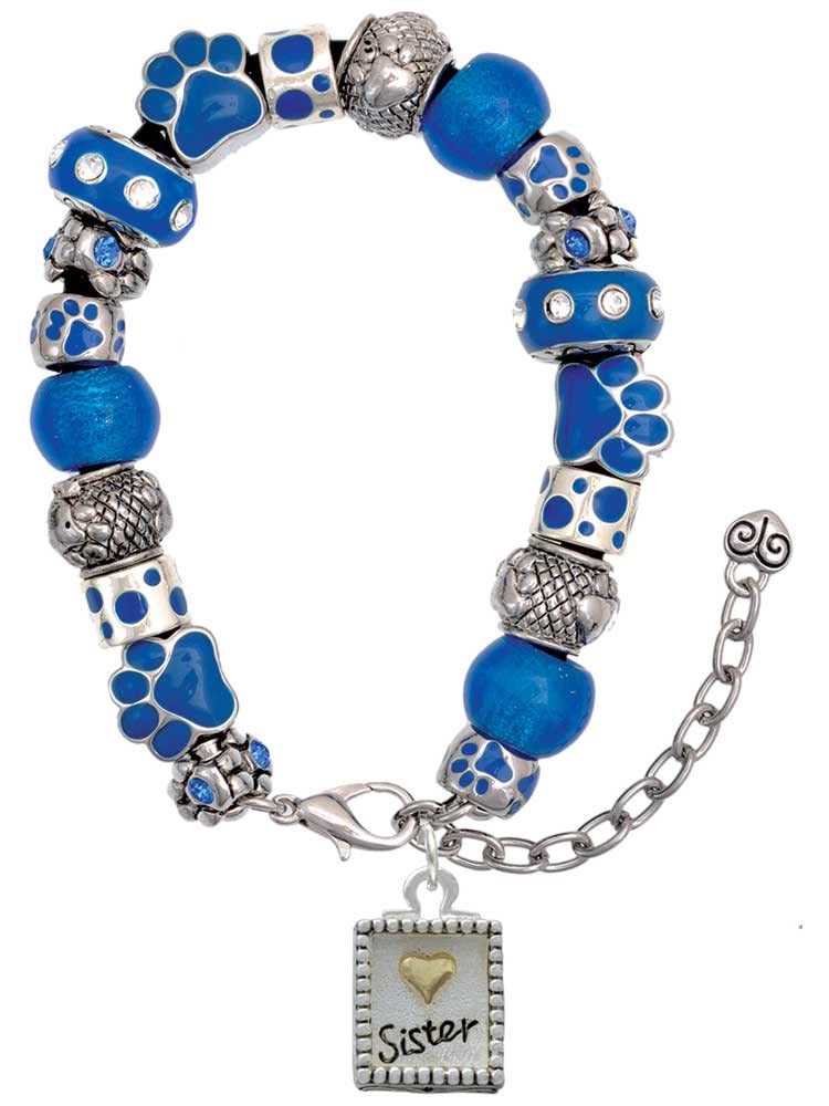 Delight Jewelry Shadow Box 'Sister' Necklace with Goldtone Heart & Blue Paw Print Bead Bracelet - 7