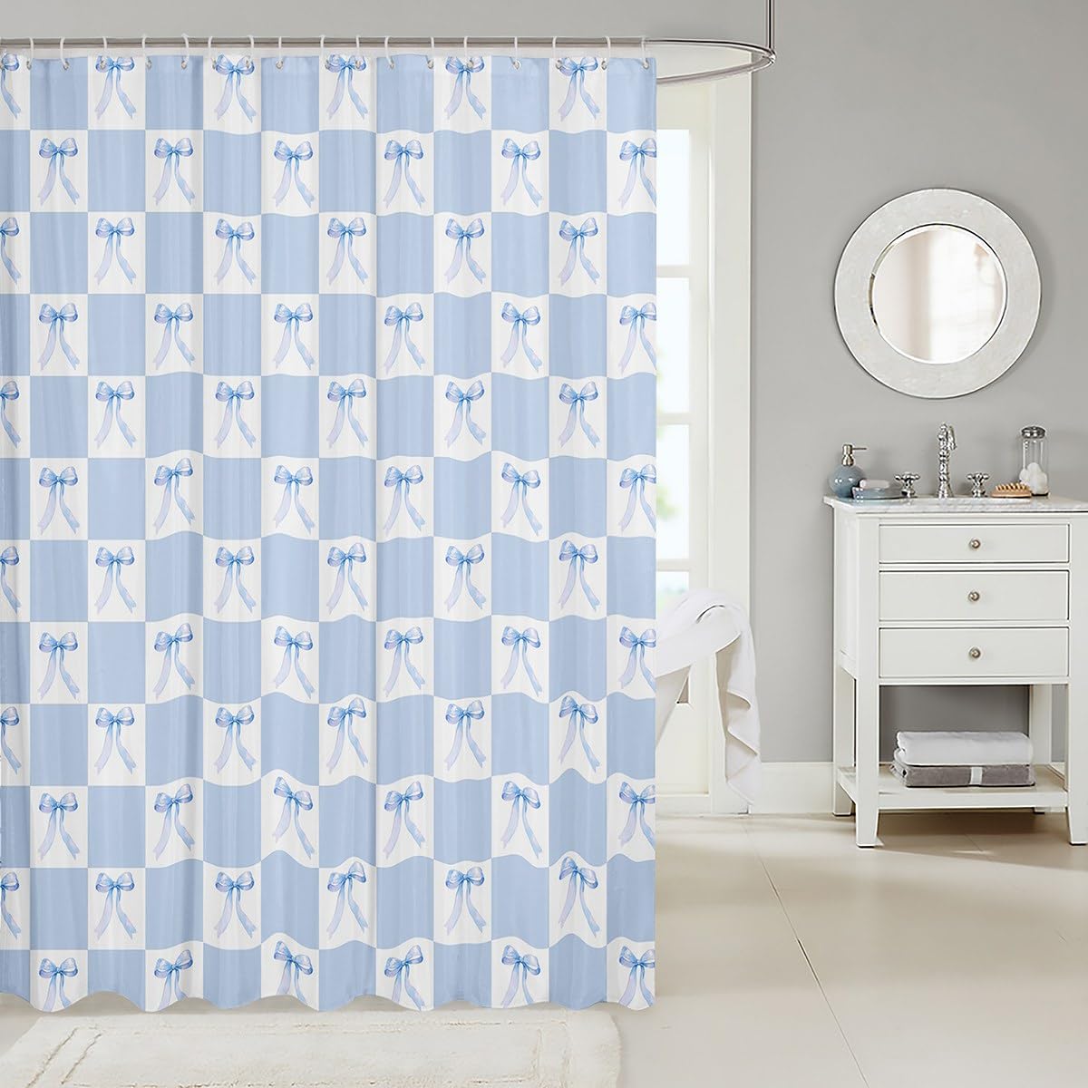 Blue Bowknot Waterproof Shower Curtain with 12 Hooks - Dreamy Bow Minimalist Grid Plaid Geometric Bath Curtain for Bathtub, 78 Inch Long, Princess Style Blue White Bathroom Decor - Perfect for Kids' Bathrooms, Guest Bathrooms & Coastal Themed Decor