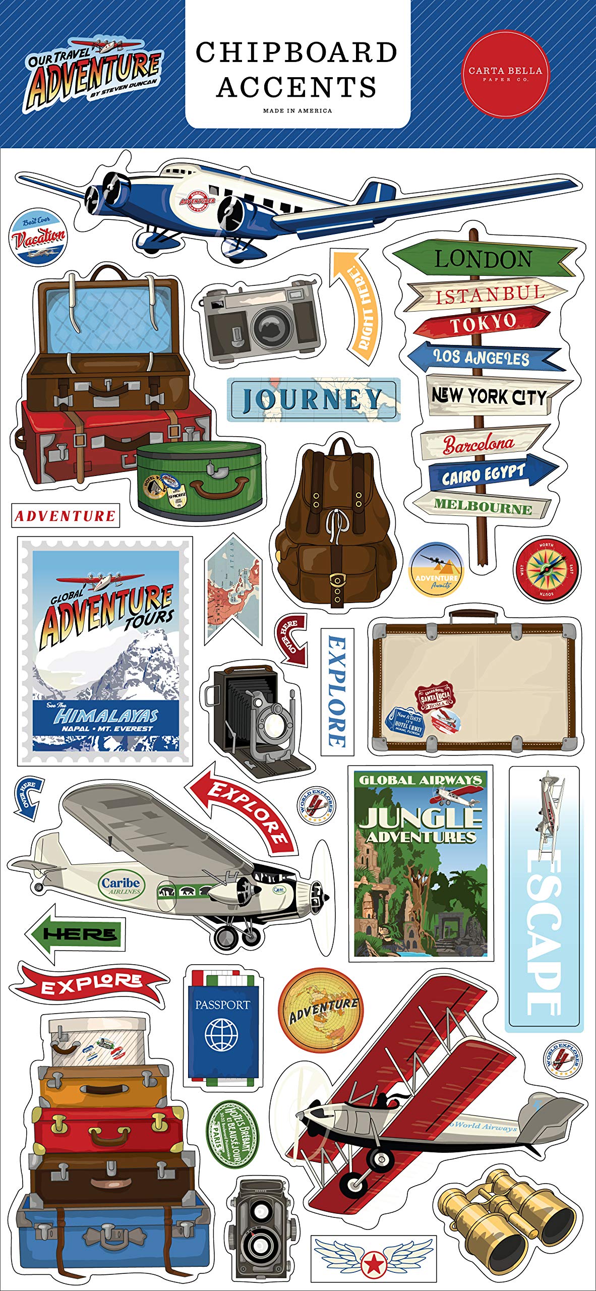 Carta Bella Paper Co. Our Travel Adventure 6x13 Accents Chipboard - Scrapbooking Embellishments for Travel Journals, DIY Cards & Memory Albums