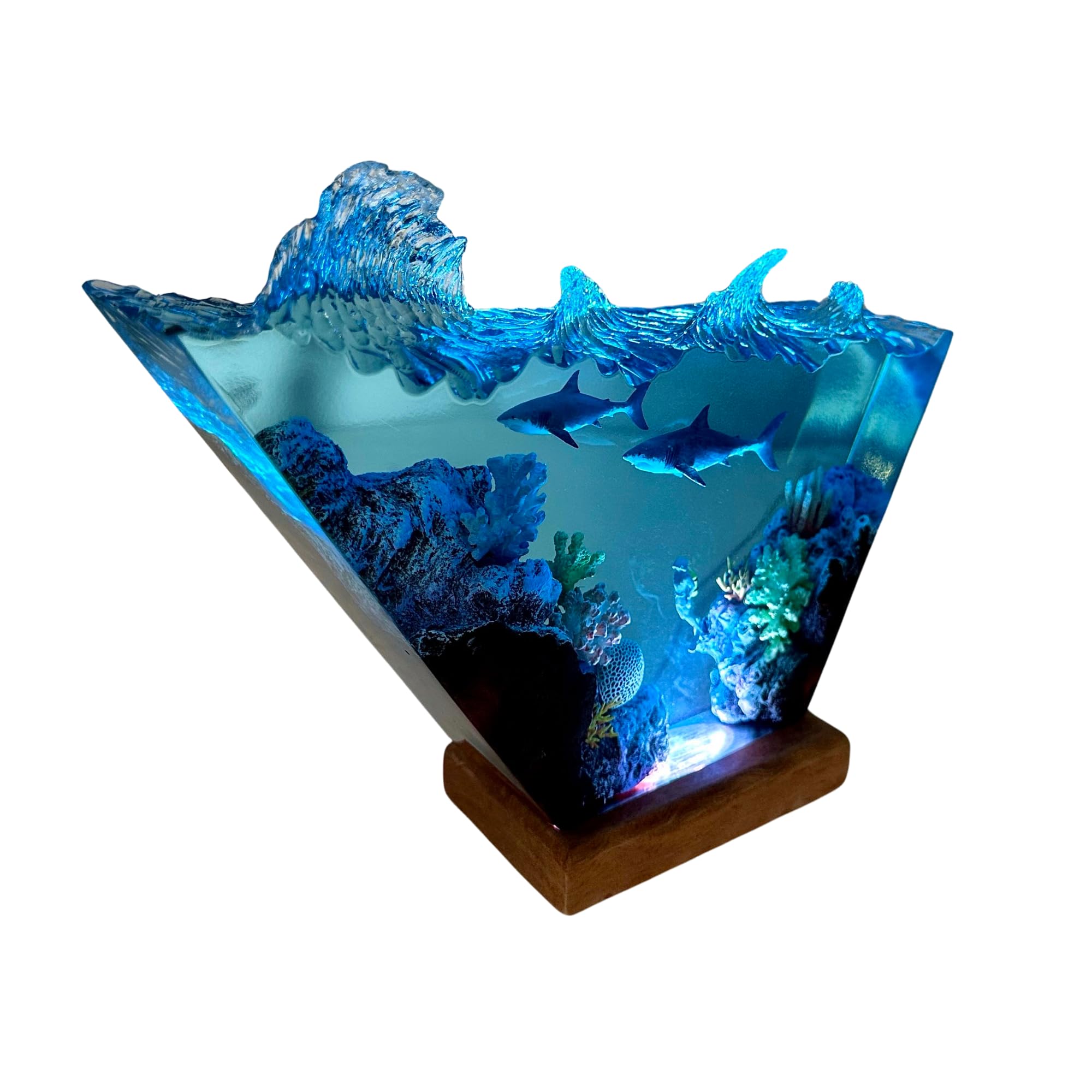 Handmade Great White Shark & Scuba Diver Resin Lamp - 12x6 Inch Deep Blue Ocean Epoxy Resin Night Light - Unique Valentine's Day Gift for Him/Her - Perfect for Bedroom, Living Room & Office Decor