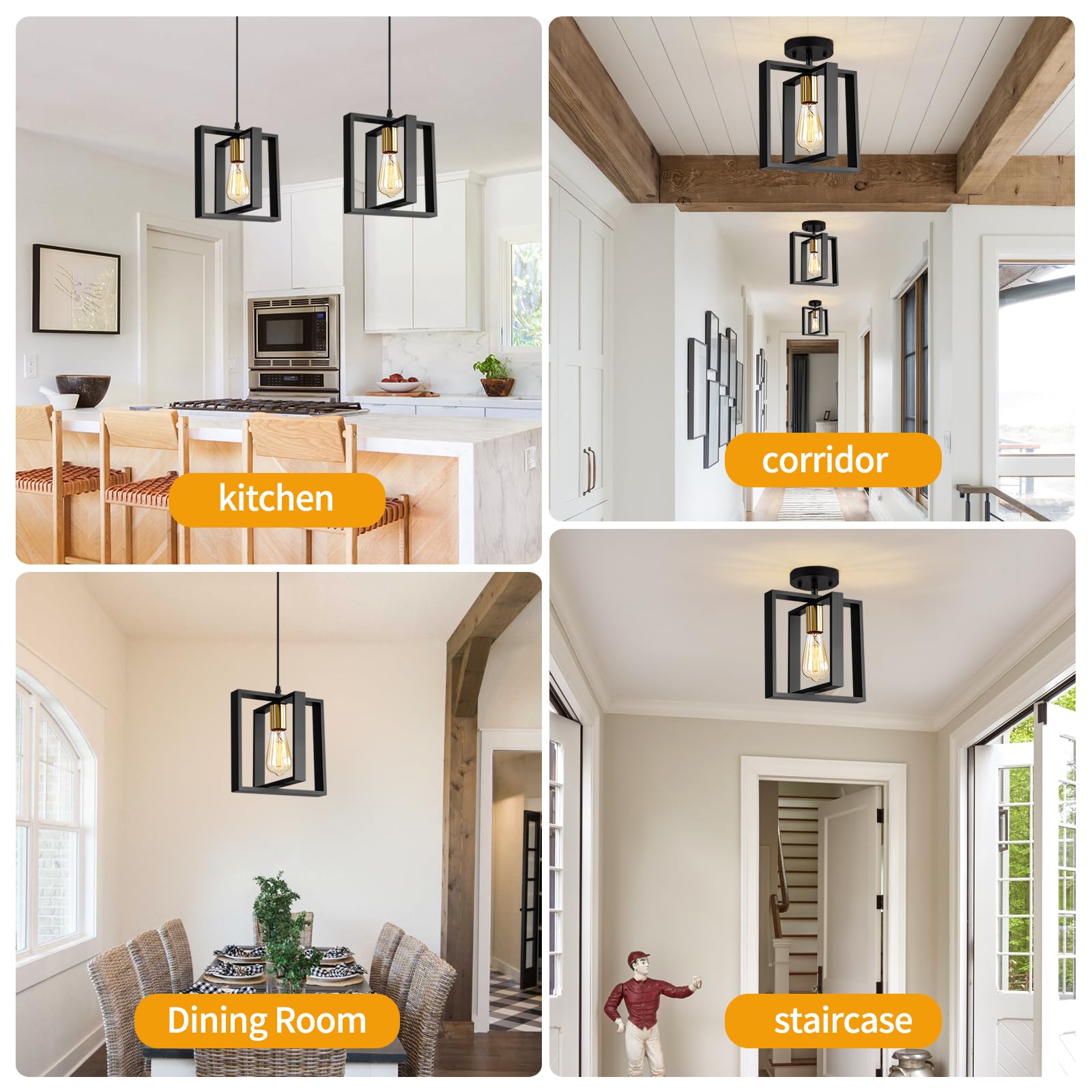 Farmhouse Small Pendant Light Fixture - 9.5 Inch Kitchen Island Hanging Lamp with Cord, Black and Gold Finish Wood Frame Chandelier for Hallway, Entryway, Closet & Bedroom Lighting - E26 Base - Perfect for Rustic Home Decor and Cozy Ambiance