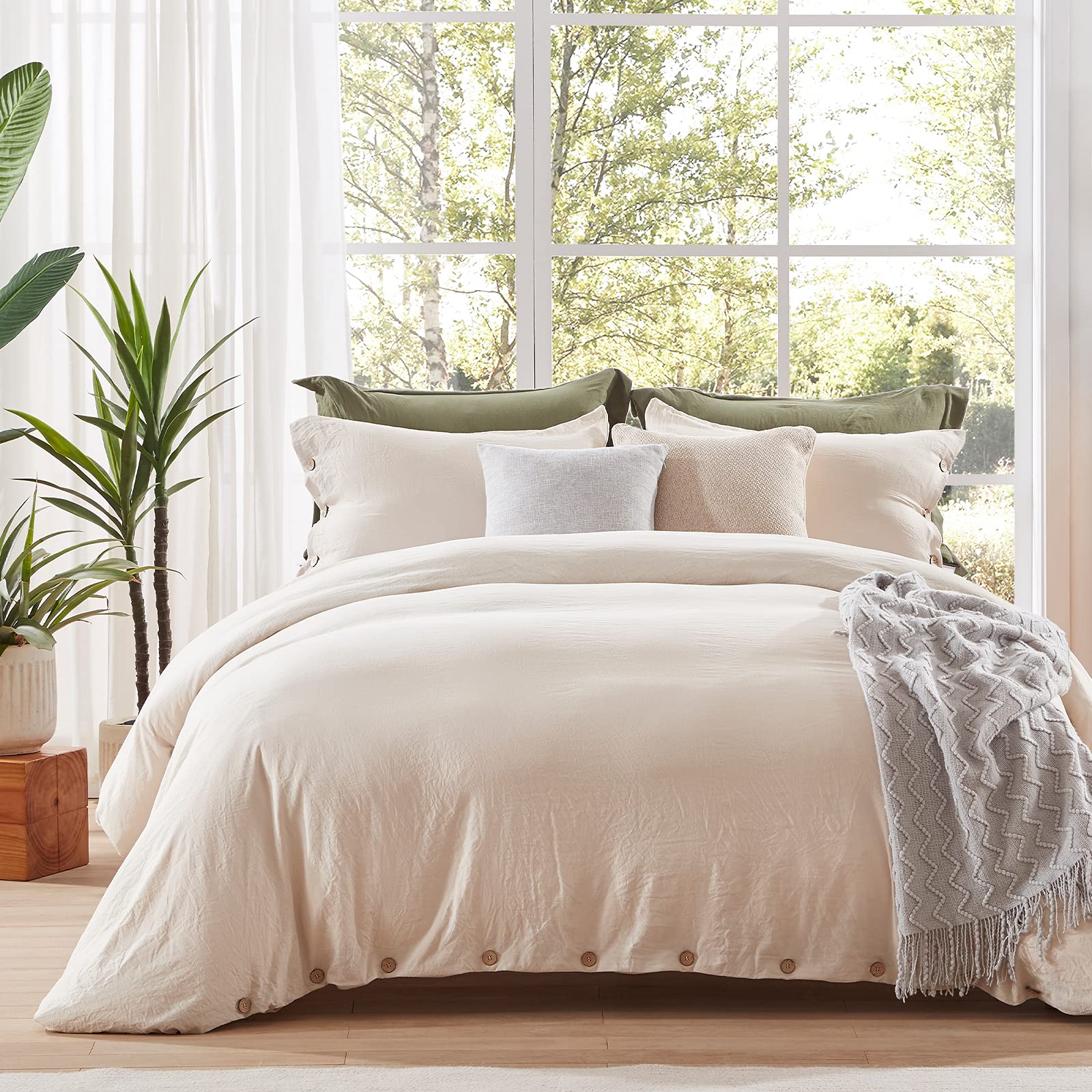 NexHome Beige Duvet Cover Set Queen Size 3-Piece - Ultra Soft Double Brushed Microfiber Bedding with Button Closure & Corner Ties (90x90 Inches + 2 Pillow Shams) - Breathable & Comfortable for All Seasons - Perfect for Master Bedroom, Guest Room, or Hotel Use