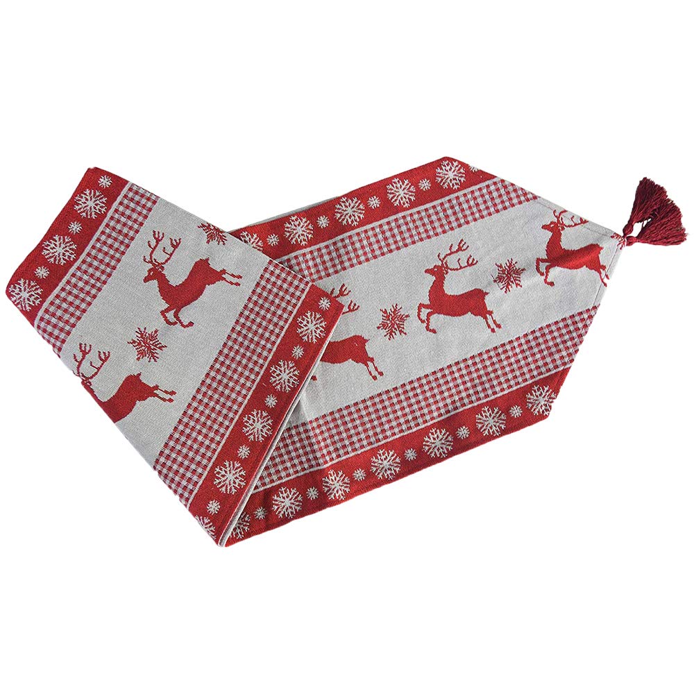 Christmas Elk Table Runner - Red & White Holiday Table Decor for Winter Parties