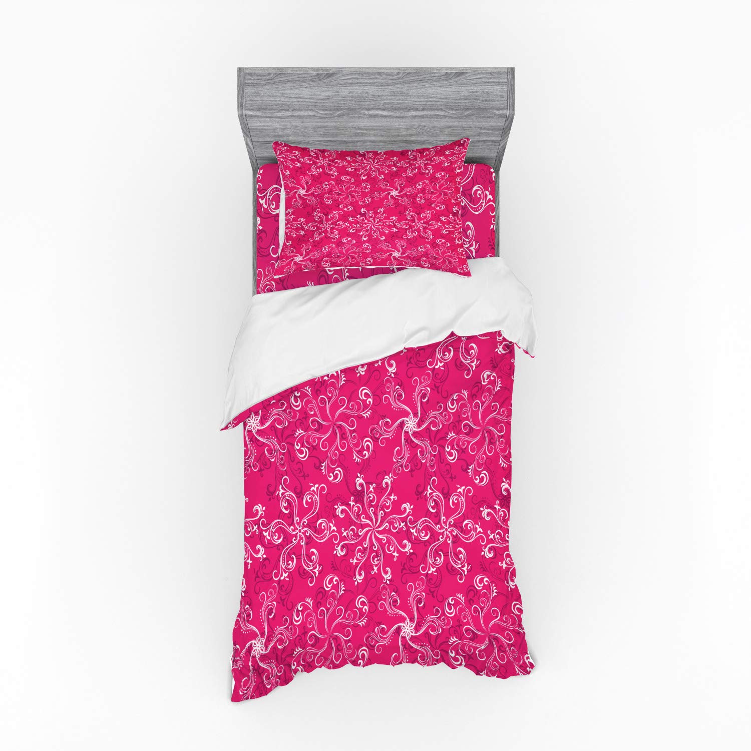 Ambesonne Hot Pink Duvet Cover Set - Floral Arrangement Pattern on Pink Background, 3-Piece Bedding Set with Pillow Sham & Fitted Sheet, Twin Size, Pink White Purple - Perfect for Spring Bedroom Decor, Girls Room, Dorm Room & Guest Room Makeover