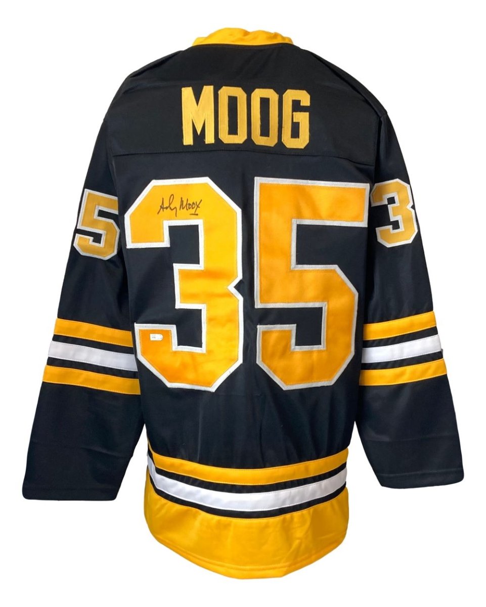 Andy Moog Autographed Boston Bruins Black Hockey Jersey - Authentic NHL Memorabilia for Collectors & Fans - Perfect for Sports Memorabilia Displays & Game Room Decor