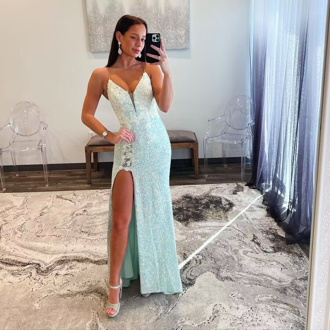 Elegant Appliqued Spaghetti Straps Sequin Mermaid Prom Dress with High Slit - J2820 | Perfect for Homecoming, Evening Gala & Formal Events