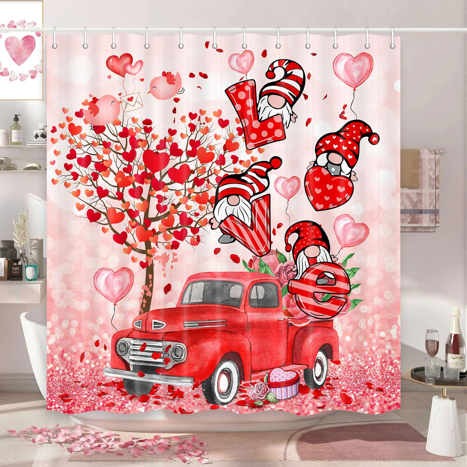 Valentine's Day Gnome Shower Curtain - Cute Holiday Bathroom Decor for Couples & Romantic Gifts - Perfect for Valentine's, Anniversaries & Bridal Showers