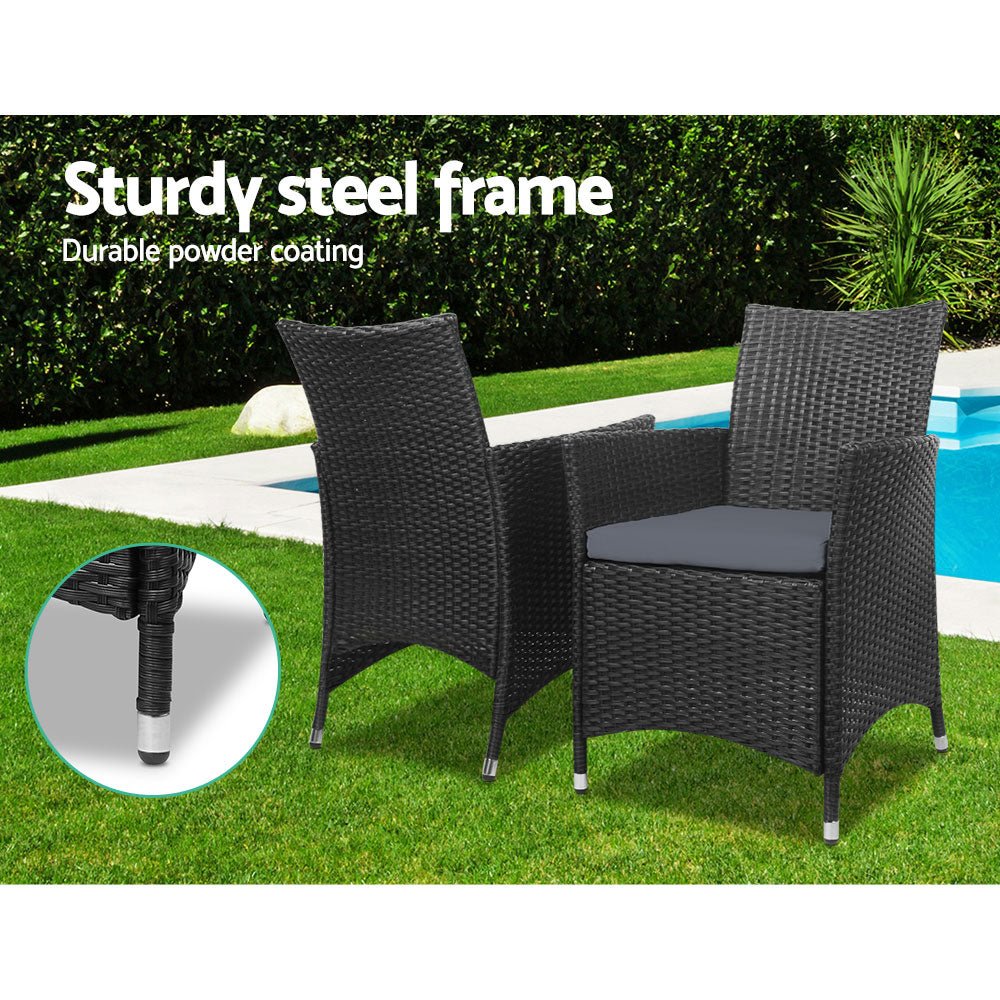 3-Piece Outdoor Bistro Set - Patio Furniture with Wicker Chairs, Table & Cushions in Black - Perfect for Garden, Balcony or Backyard Relaxation