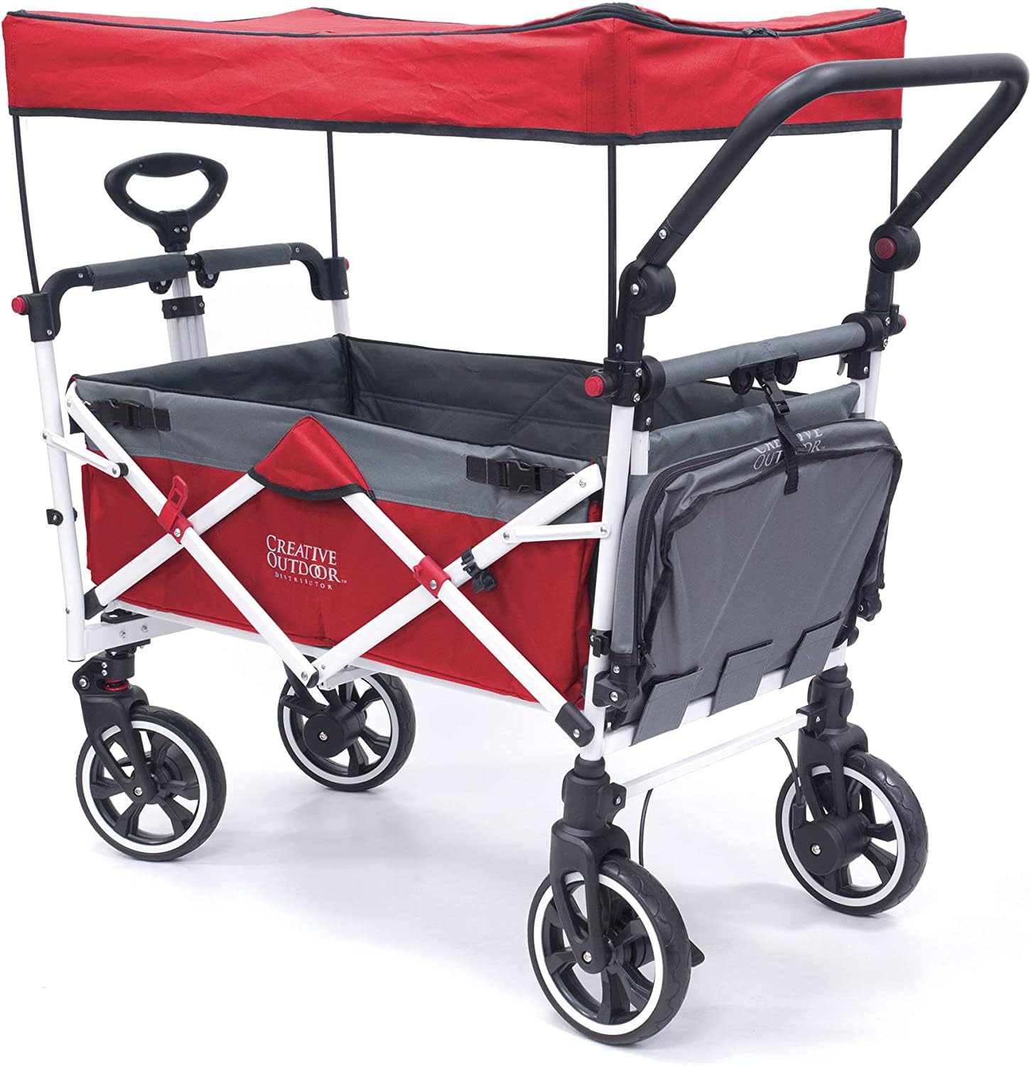 Titanium Series Plus Push Pull Collapsible Stroller Wagon for Kids - 150lbs Weight Capacity, Foldable Design with Sun Canopy (Red & Grey) - Perfect for Beach Trips, Park Outings & Garden Adventures | Outdoor Family Stroller Cart