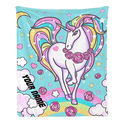 Personalized Kids Fleece Blanket with Name - Custom Cute Rainbow Unicorn Baby Throw Blanket for Bed, Couch & Nursery (30