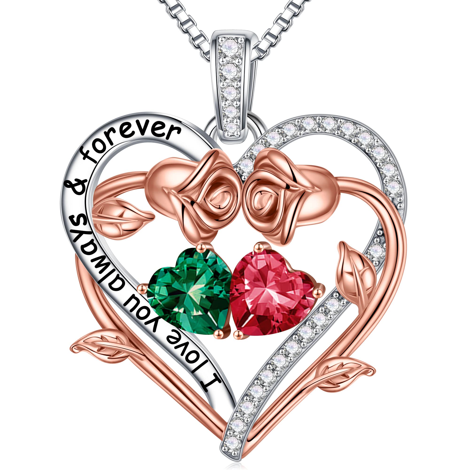 Rose Heart Birthstone Necklace for Women - Natural & Created Gemstone Jewelry Gift for Mom, Grandma, Wife, Girlfriend | Perfect for Mother's Day, Birthday, Christmas & Special Occasions