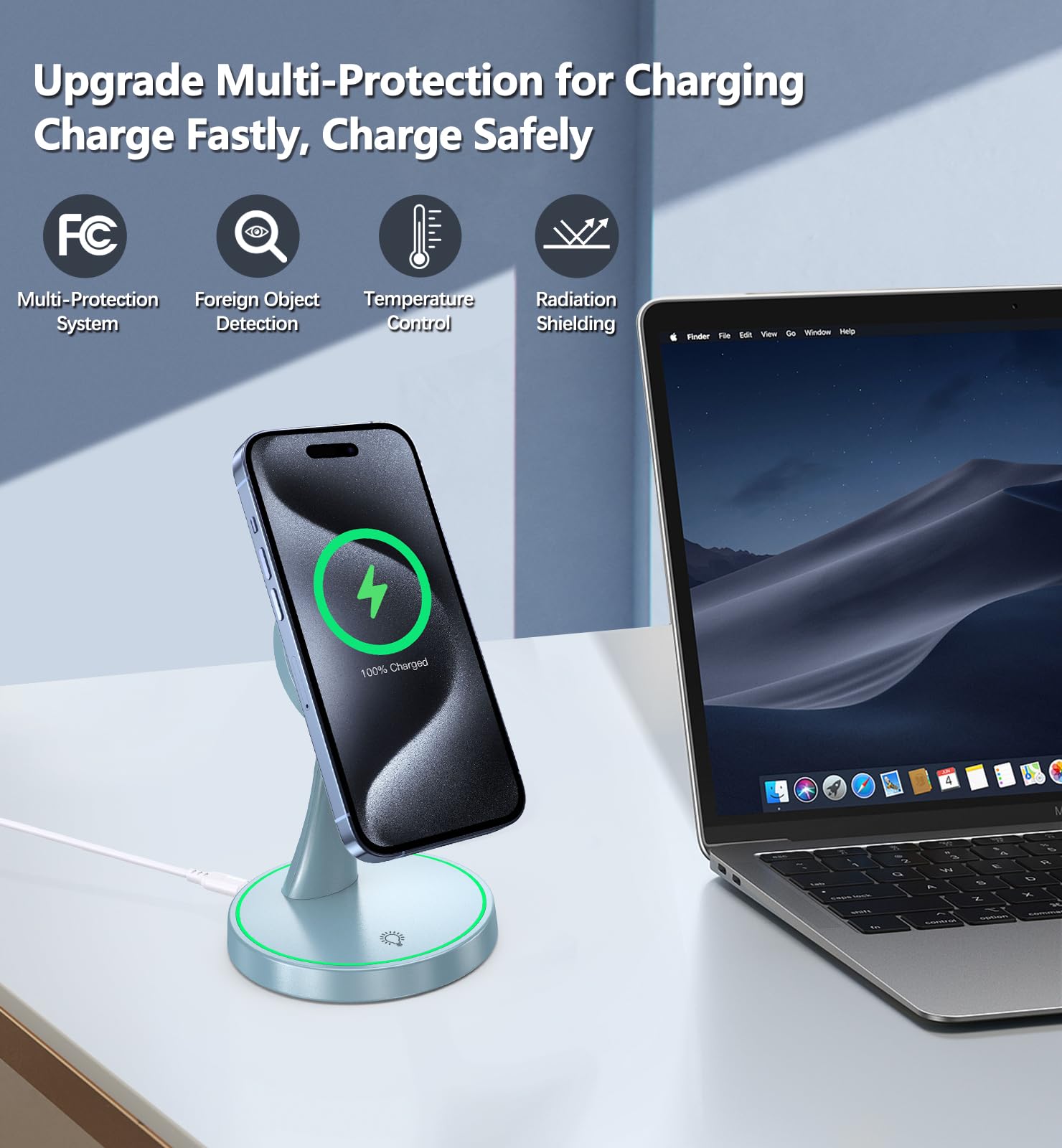 15W Fast Magnetic Wireless Charger Stand - MagSafe Compatible for iPhone 16/16 Pro/16 Plus/16 Pro Max/15/14/13/12 Series & AirPods - Sleep-Friendly Night Light Charging Station - Perfect for Bedside, Office Desk, and Car Use