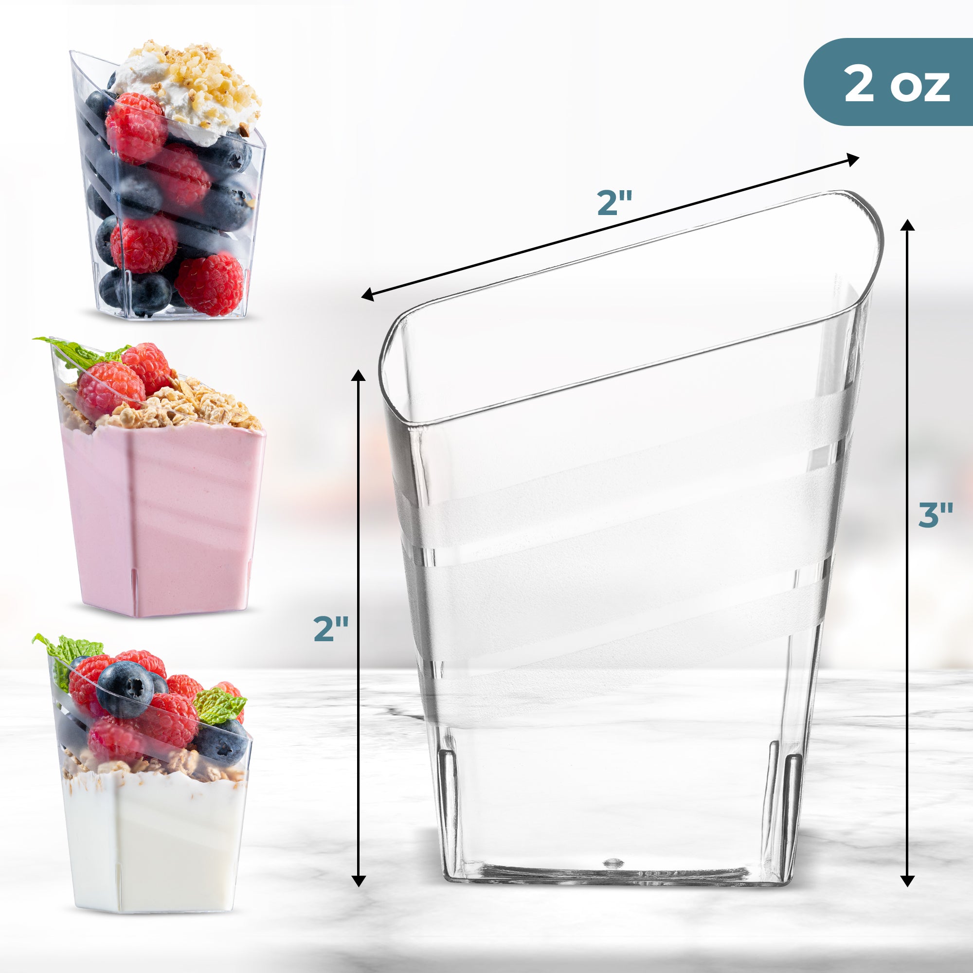 2 oz. Clear Plastic Mini Square Slanted Shooters - 24-Pack - Perfect for Cocktail Parties, Bars, and Home Entertaining