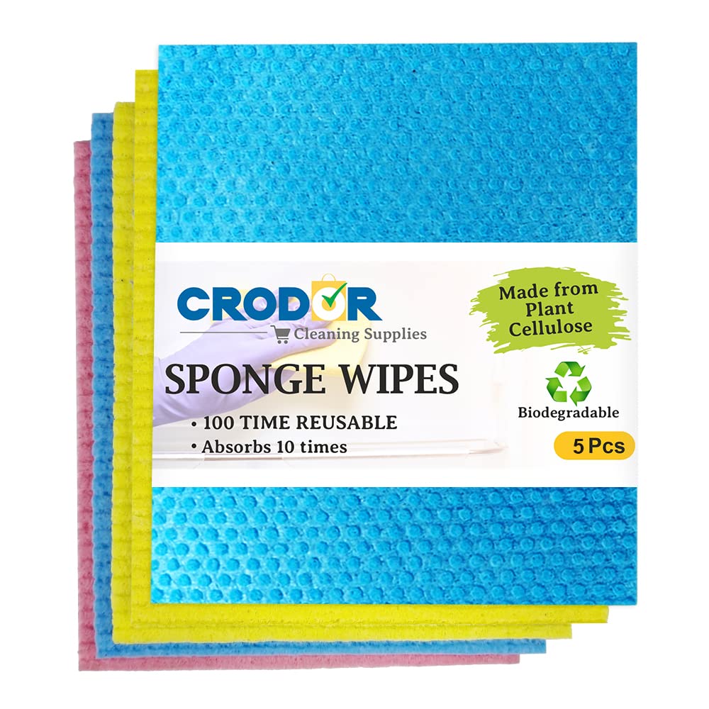 CRODOR Reusable Sponge Wipes - 5-Pack Absorbent Swedish Dish Cloths for Kitchen, Bathroom & Countertop Cleaning | Eco-Friendly, Machine Washable Sponge Cloths | Perfect for Dishwashing, Surface Wiping & Household Cleaning