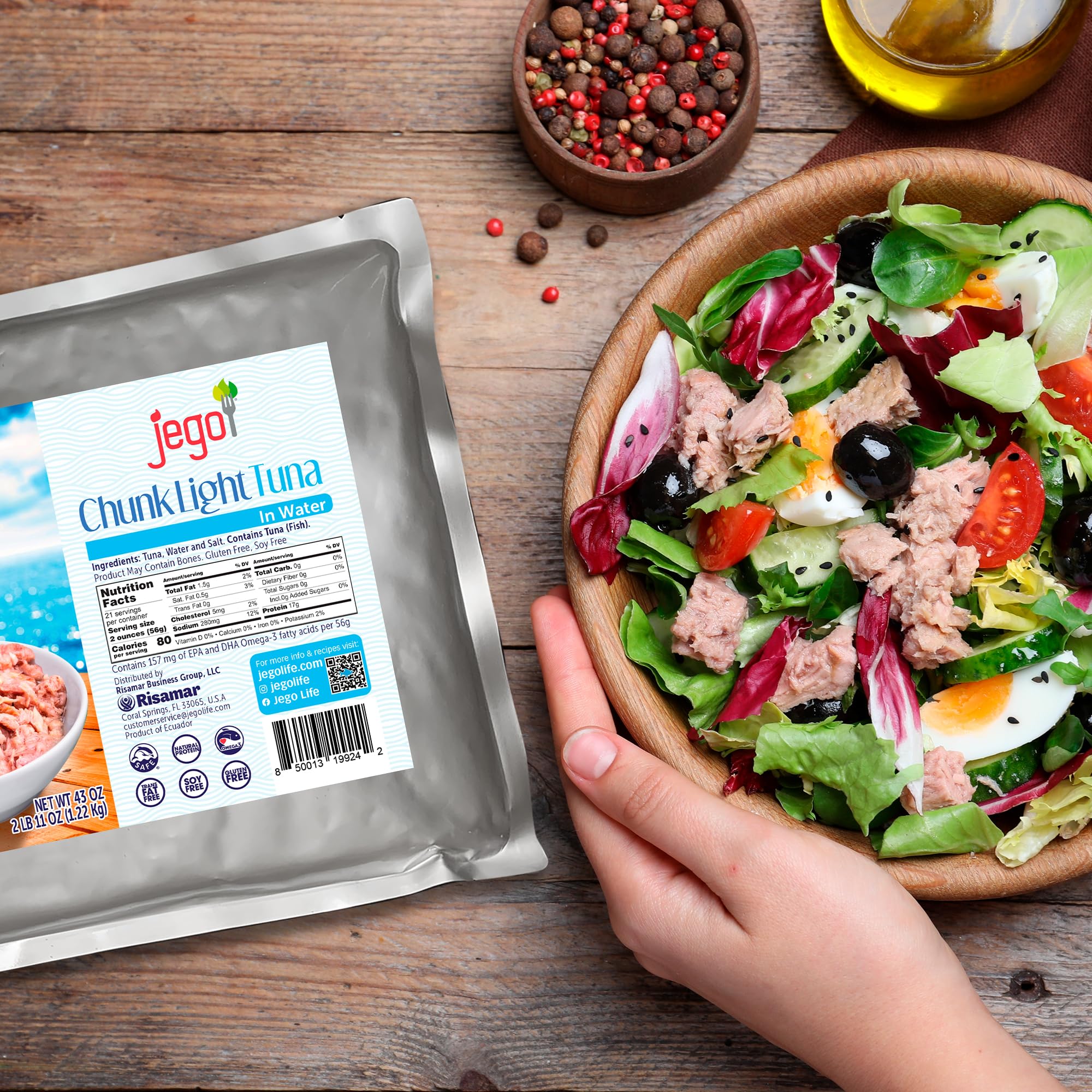 Jego Chunk Light Tuna in Water - Wild Caught, Keto & Low Carb Friendly, Gluten Free, Soy Free, Ready to Eat (43 oz Pouch) - Perfect for Salads, Sandwiches & Healthy Meal Prep