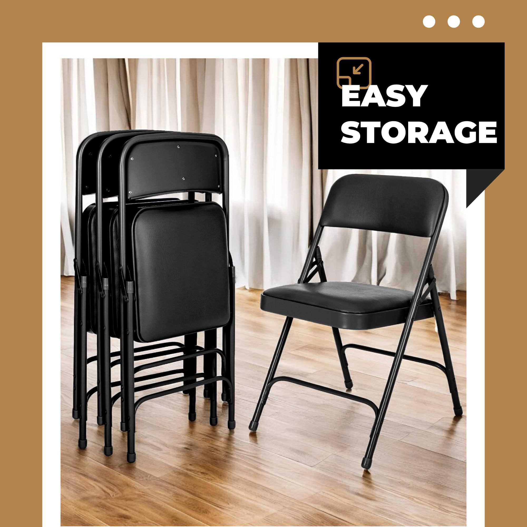 OEF Furnishings (4 Pack) Premium Vinyl Padded Folding Chairs - Heavy Duty Stackable Chairs for Home, Office, Wedding, Party & Events - Comfortable Black Seating Solution
