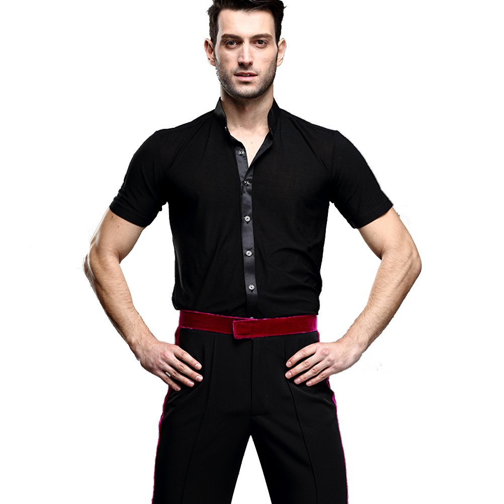 Professional Men's Pure Color Stand Collar Short Sleeve Dance Shirt - Modern Latin Ballroom & Square Dance Performance Top for Competition & Stage Shows