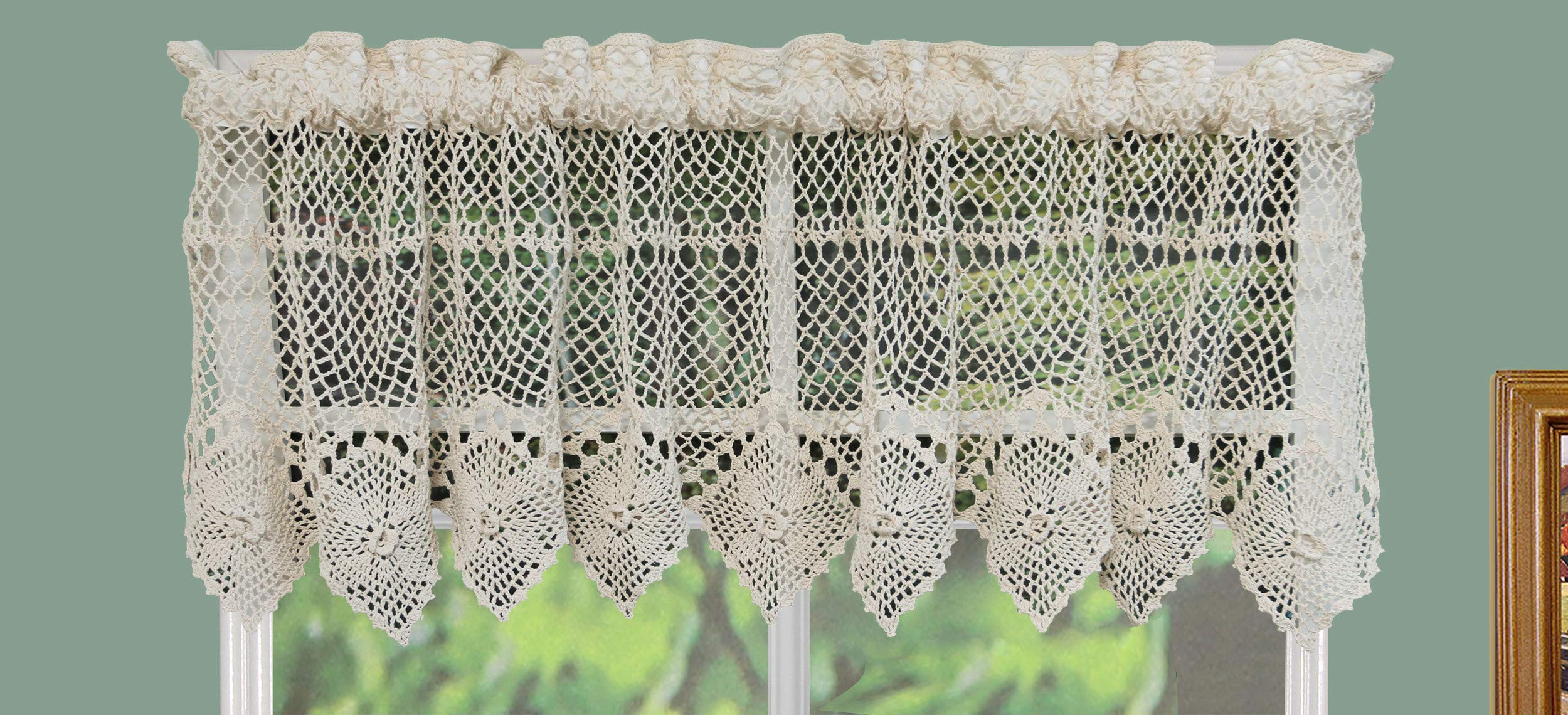 Handmade Beige Cotton Crochet Lace Kitchen Curtain Valance - Elegant Window Treatment for Farmhouse, Cottage & Vintage Style Homes