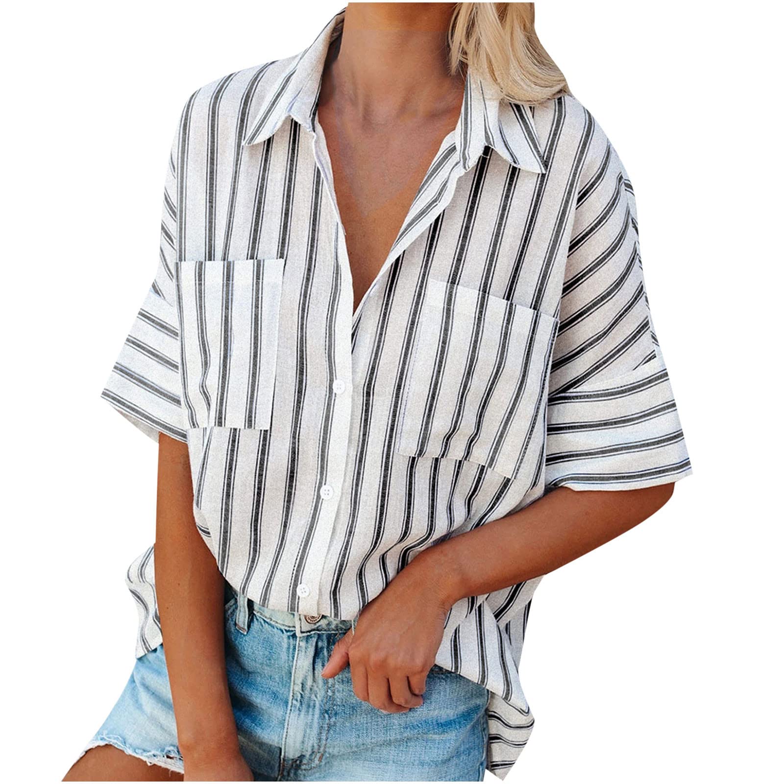 Women's Casual Short Sleeve Button Down Shirt - Summer Loose Fit Striped V-Neck Blouse for Business & Office Wear | Perfect for Work, Outings & Everyday Comfort