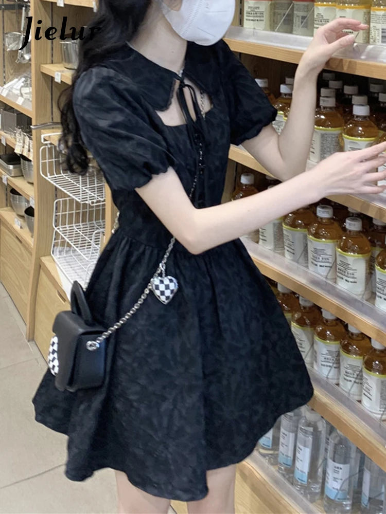 Elegant Black French Hollow Out Slim Women's Dress - High Street Puff Sleeve Pleated Solid Color Evening Gown | Perfect for Cocktail Parties, Date Nights & Formal Events