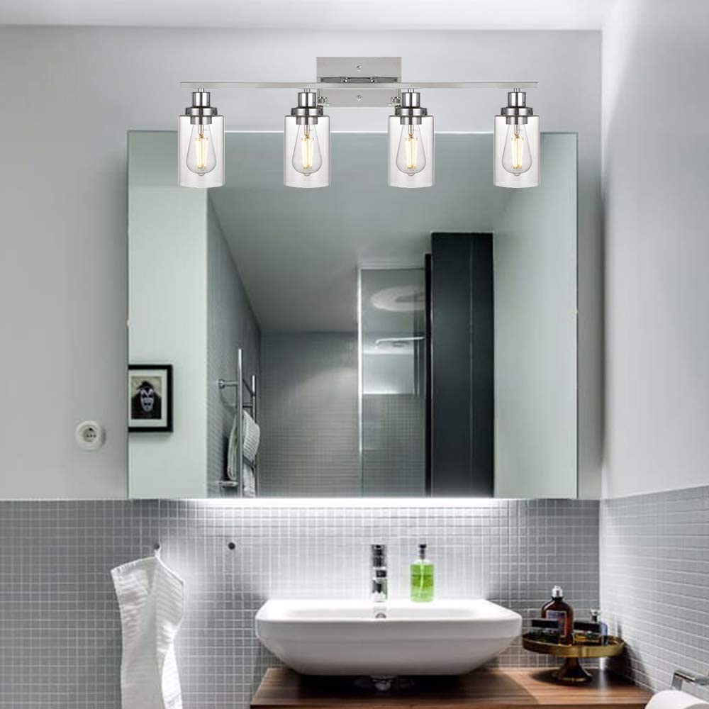 4-Light Modern Bathroom Vanity Light Fixture - Chrome Finish with Clear Glass Shade - Wall Mount Mirror Lighting for Bedroom, Dressing Table & Vanity (Perfect for Makeup Application & Home Decor)