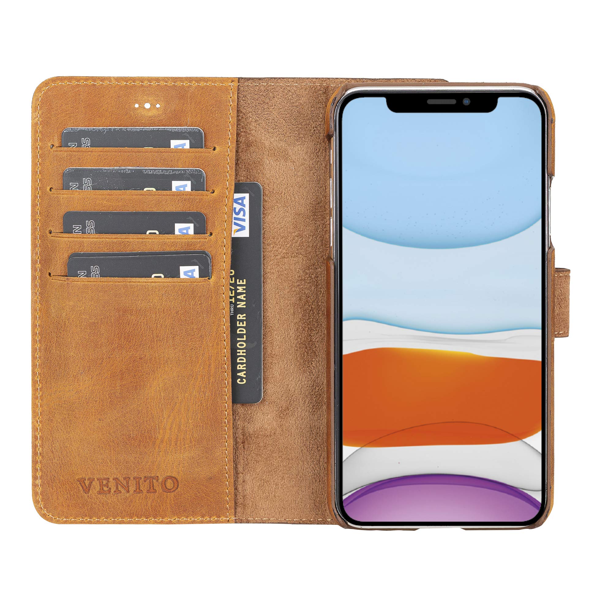 Venito Florence Genuine Leather Wallet Phone Case for iPhone 11 Pro Max - RFID Blocking Protection - Detachable Card Holder (Antique Brown) - Perfect for Travel, Shopping & Everyday Use