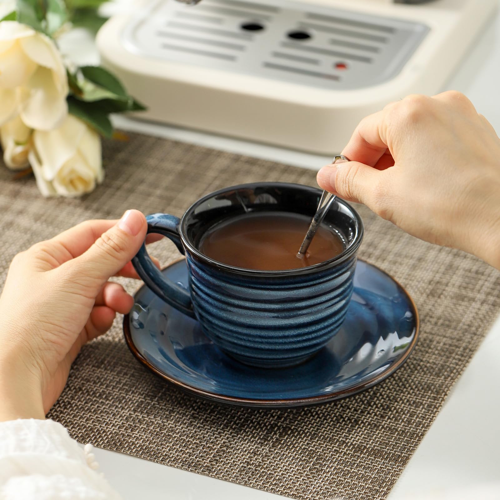 Hasense 6-Piece Porcelain Espresso Cup Set with Saucers - 4 oz Demitasse Cups for Double Espresso, Cappuccino, Cafe Mocha & Tea - Navy Blue Coffee Cups for Home, Office & Coffee Shops - Perfect for Entertaining, Gifts & Daily Coffee Rituals