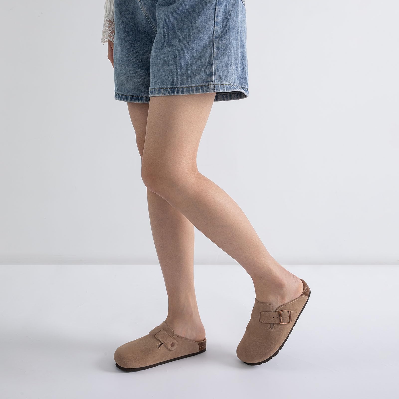 Women's Suede Clogs with Cork Footbed - Soft Leather Adjustable Buckle Slip-On Shoes | Comfortable Sandals for Casual Wear, Home & Office