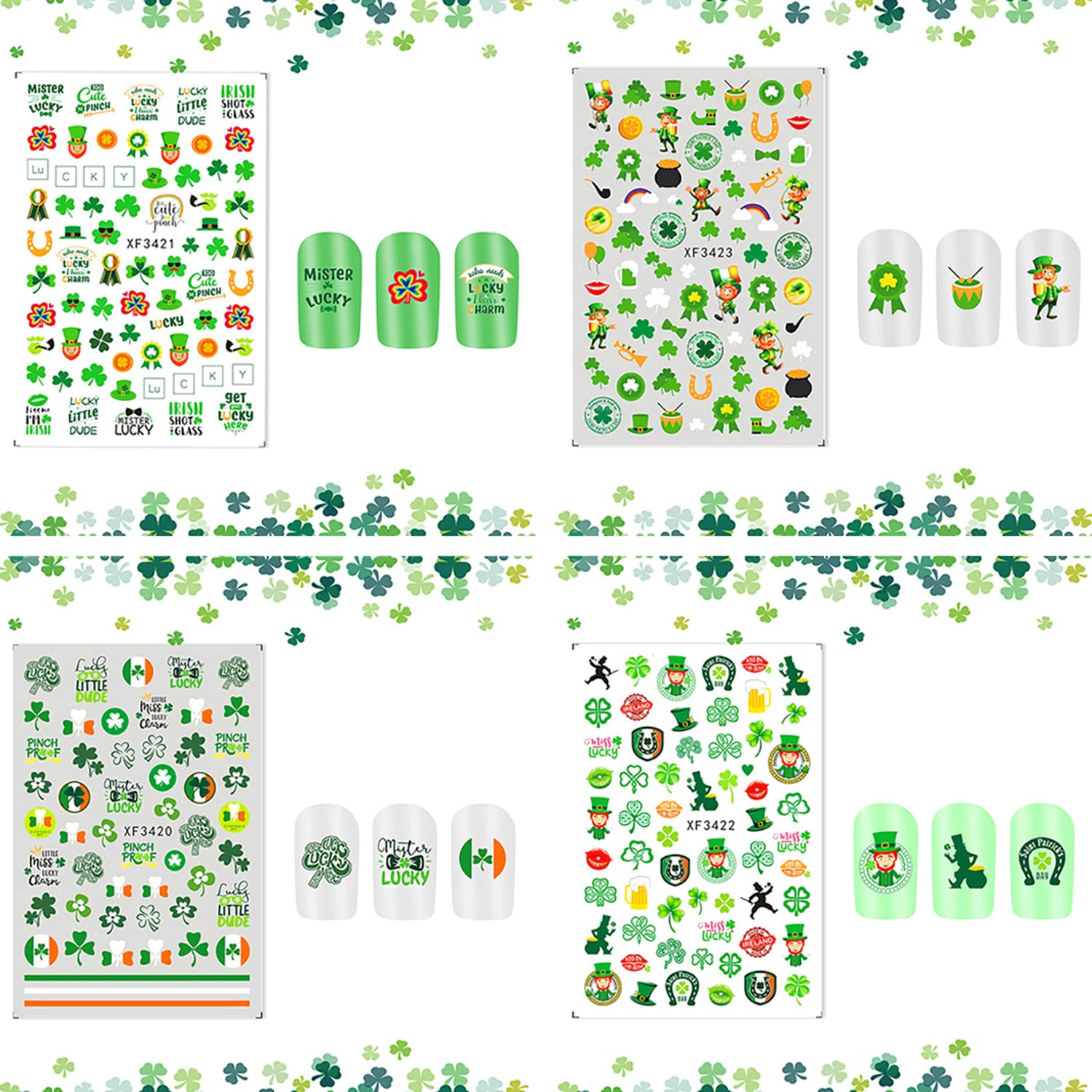 3D Shamrock Nail Stickers - 10 Sheets Green Clover Nail Art for St. Patrick's Day | DIY Nail Decoration for Women & Girls