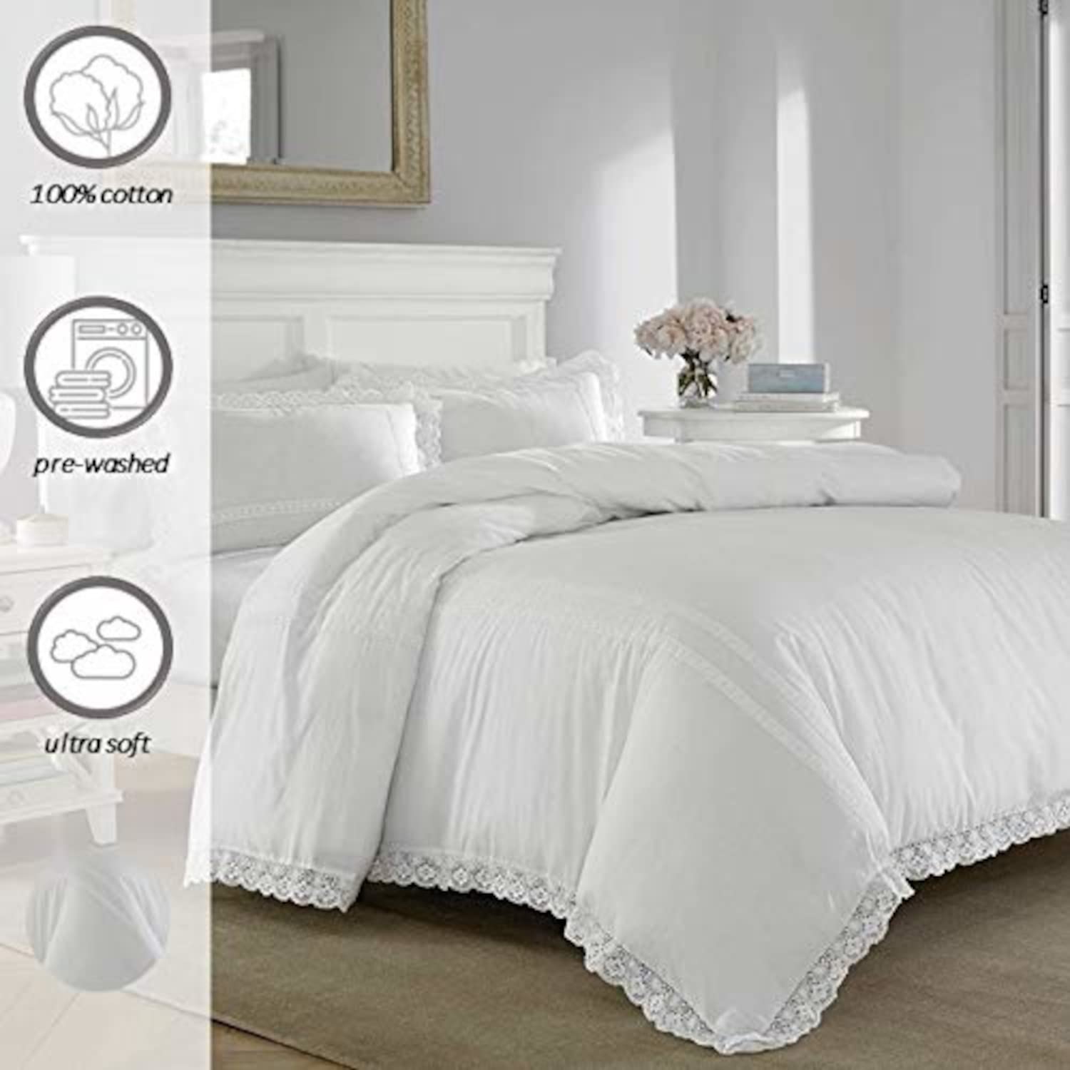 Laura Ashley Home Queen Comforter Set | Reversible 100% Cotton Bedding with Matching Shams | All-Season Luxury Bedding | Elegant Home Decor (Annabella White, Queen Size) - Perfect for Master Bedrooms, Guest Rooms & Cozy Retreats