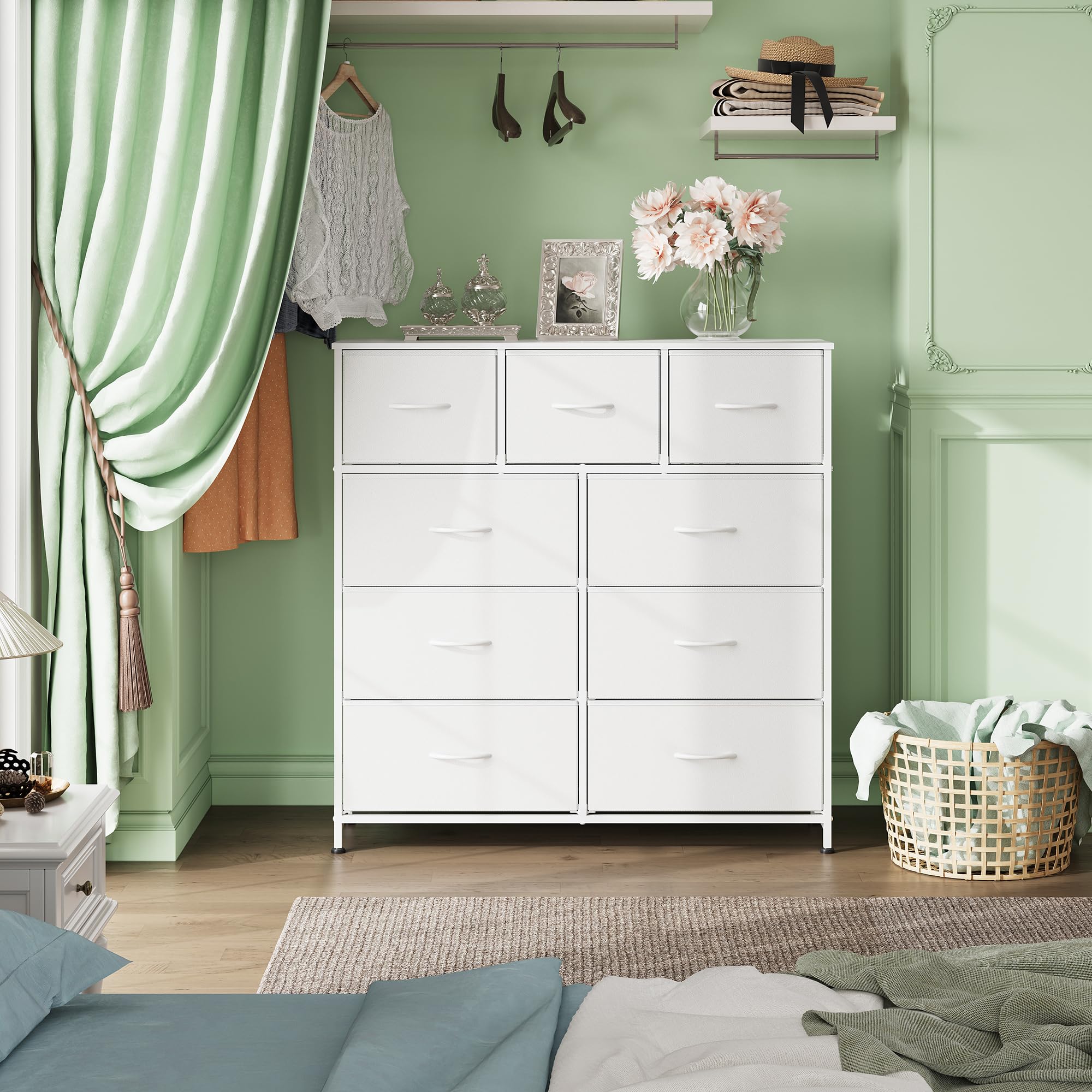 WLIVE 9-Drawer Fabric Dresser with Wood Top & Steel Frame - Tall Storage Tower Organizer for Bedroom, Closet, Hallway - Includes Easy Pull Handles & Fabric Bins - Perfect for Small Space Organization, Kids Room Storage & Home Decor (White)