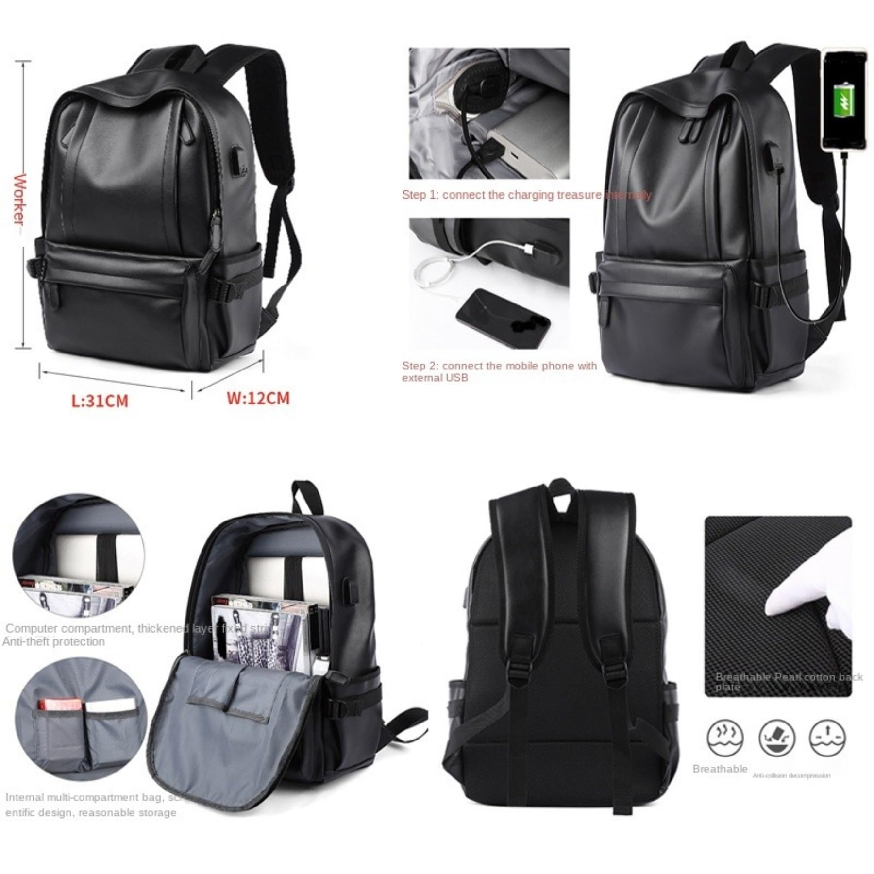 Premium Leather Backpack for Men & Women - Large Capacity 17 Inch Laptop Backpack - Business Travel, College, Commuting & Outdoor Use - Stylish Durable Water-Resistant Computer Bag (Black)