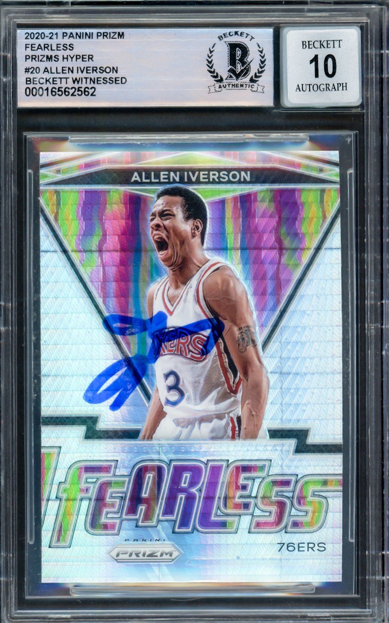 Allen Iverson Autographed 2020-21 Panini Prizm Fearless Prizms Hyper Basketball Card #20 Philadelphia 76ers - Beckett BAS Witnessed Gem Mint 10 Grade - Perfect for NBA Collectors and 76ers Fans Display