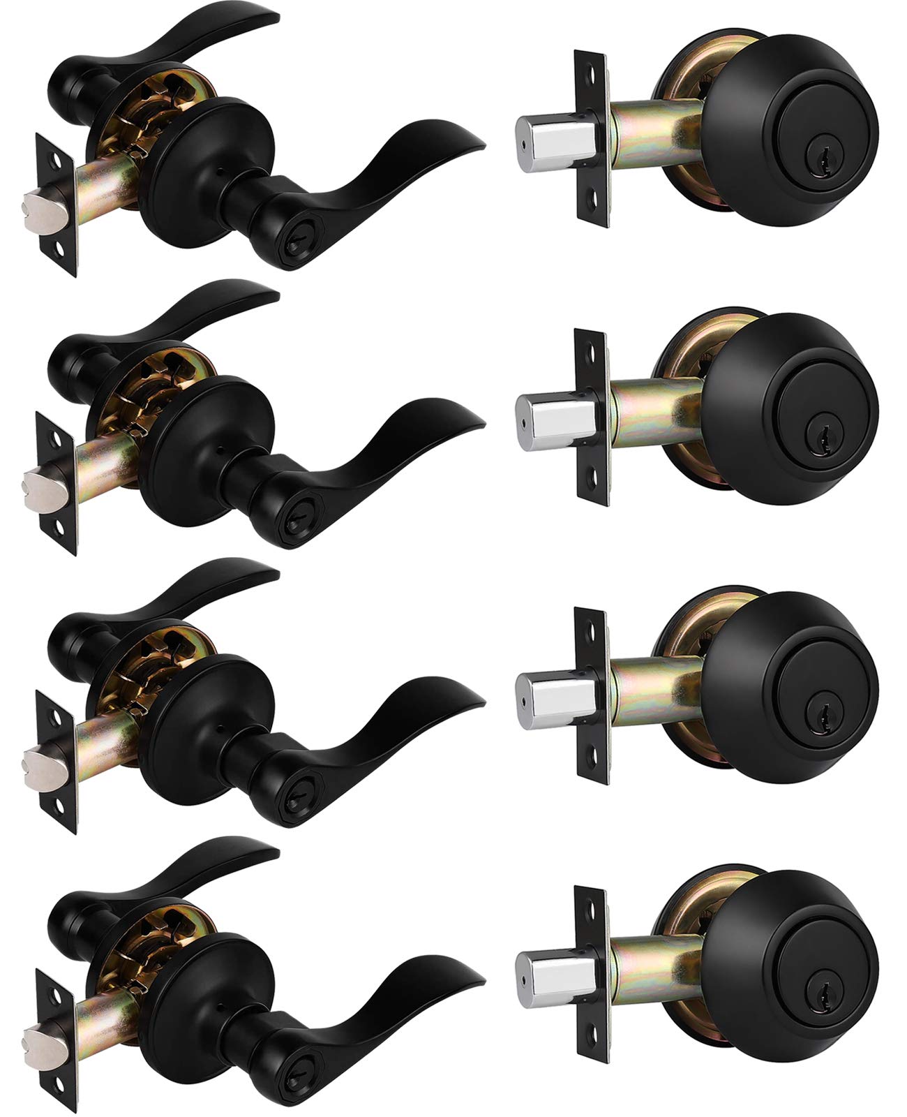 4 Pack Keyed Alike Entry Lever Door Handle & Deadbolt Lock Set - Matte Black Wave Style, Reversible for Left/Right Doors - Secure Front Door & Office Locks for Home & Business Security