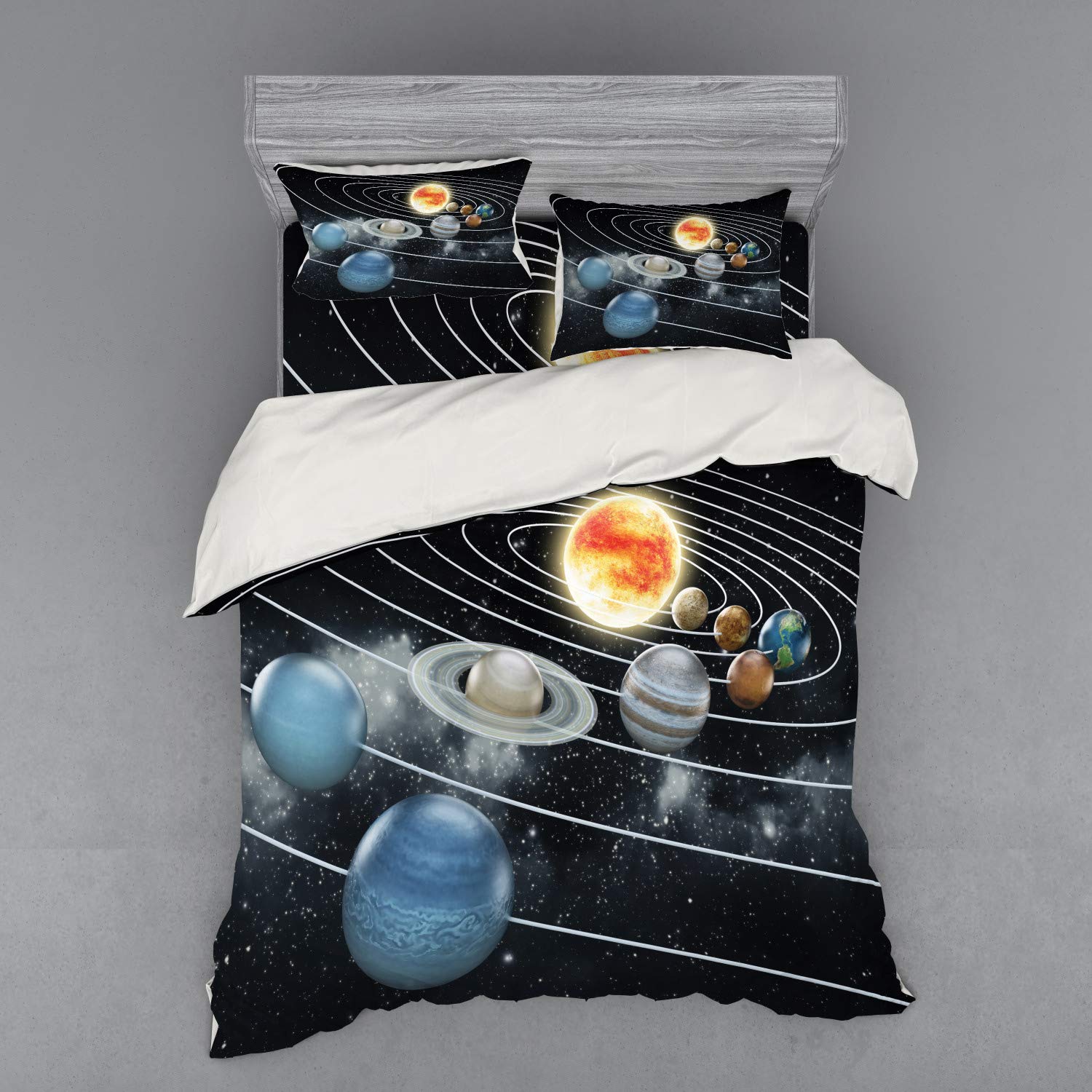 Ambesonne Galaxy Bedding Set - Queen Size 4-Piece Duvet Cover Set with Shams & Fitted Sheet, Solar System Design Featuring All 8 Planets & Sun (Black Grey) - Perfect for Sci-Fi Lovers, Astronomy Enthusiasts & Space-Themed Bedrooms